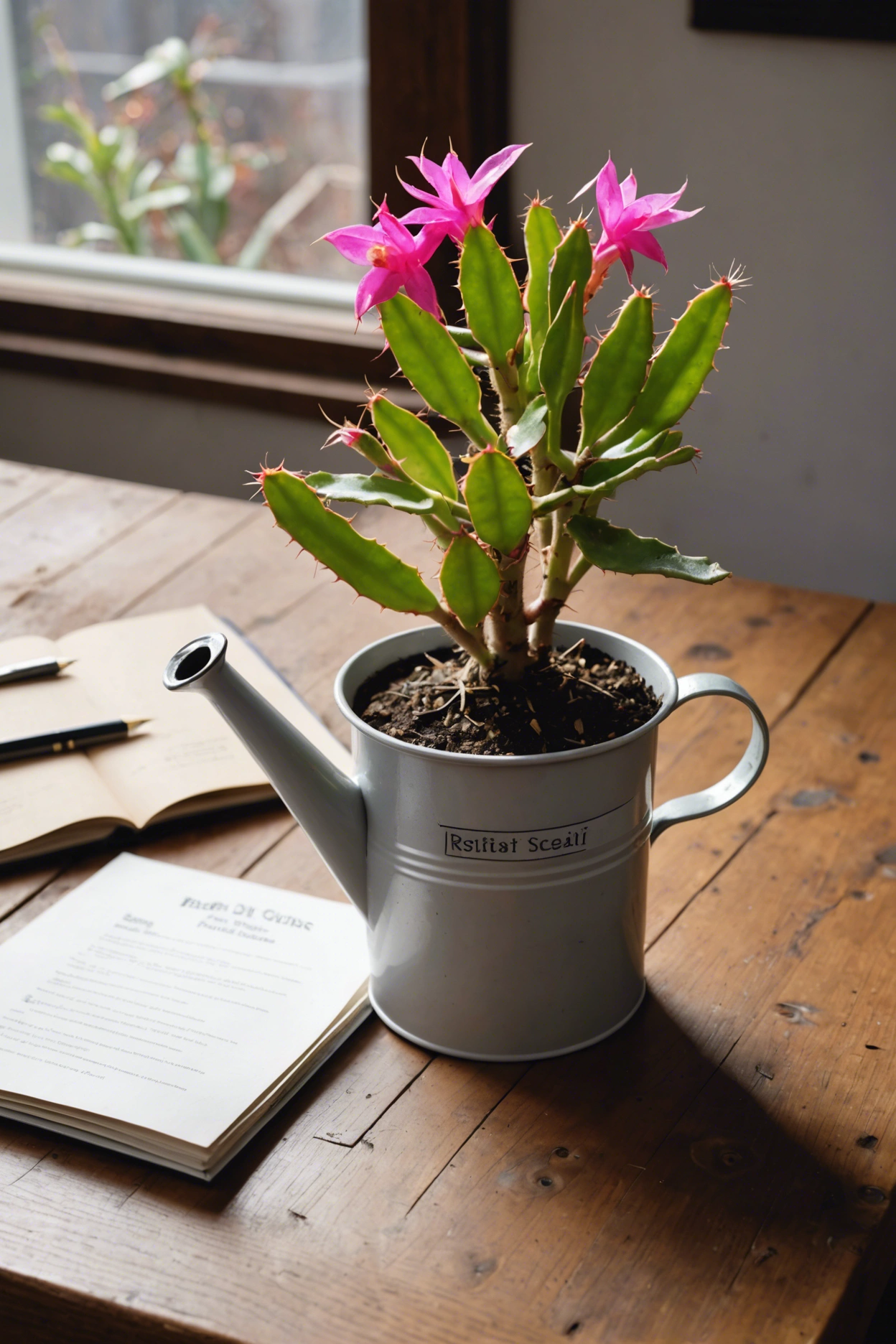 "A distressed Christmas cactus on a table, surrounded by a care guide, watering can, plant food, and fresh soil for revival."