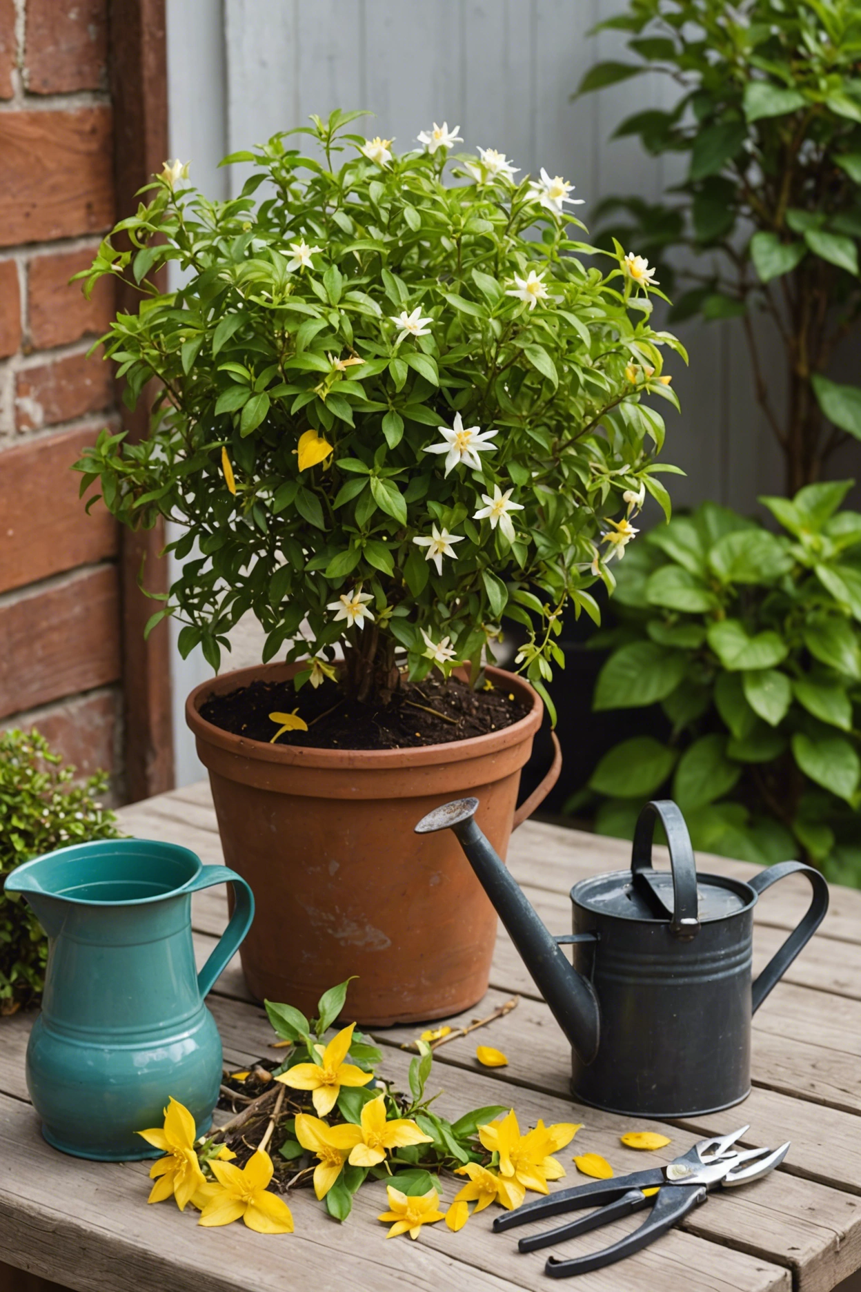 "Wilted jasmine plant with yellow leaves on a garden table, surrounded by pruning shears, a watering can, and organic fertilizer."
