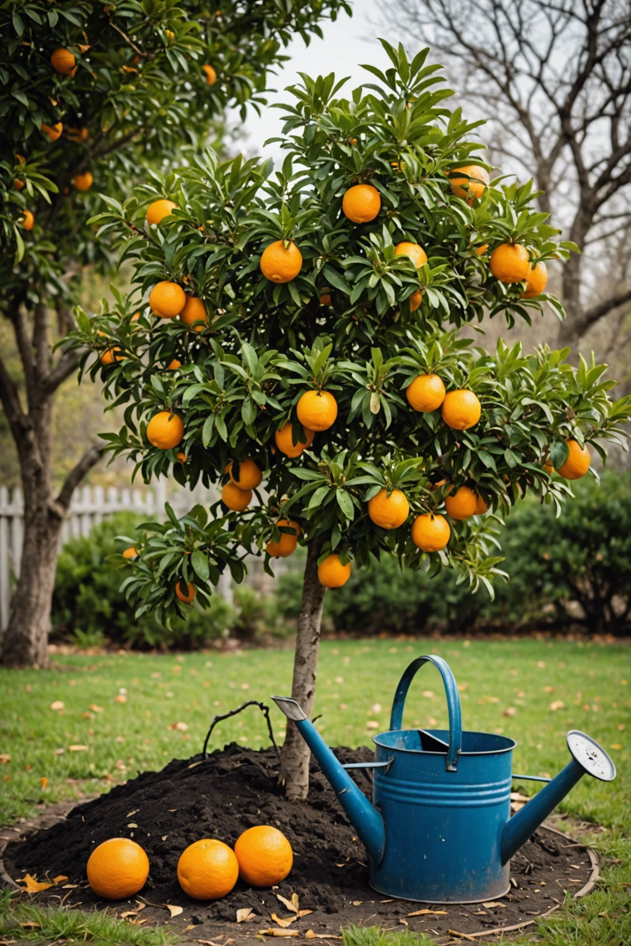 "Distressed orange tree with wilting leaves and no fruit, with a pH testing kit, watering can, and citrus fertilizer nearby."