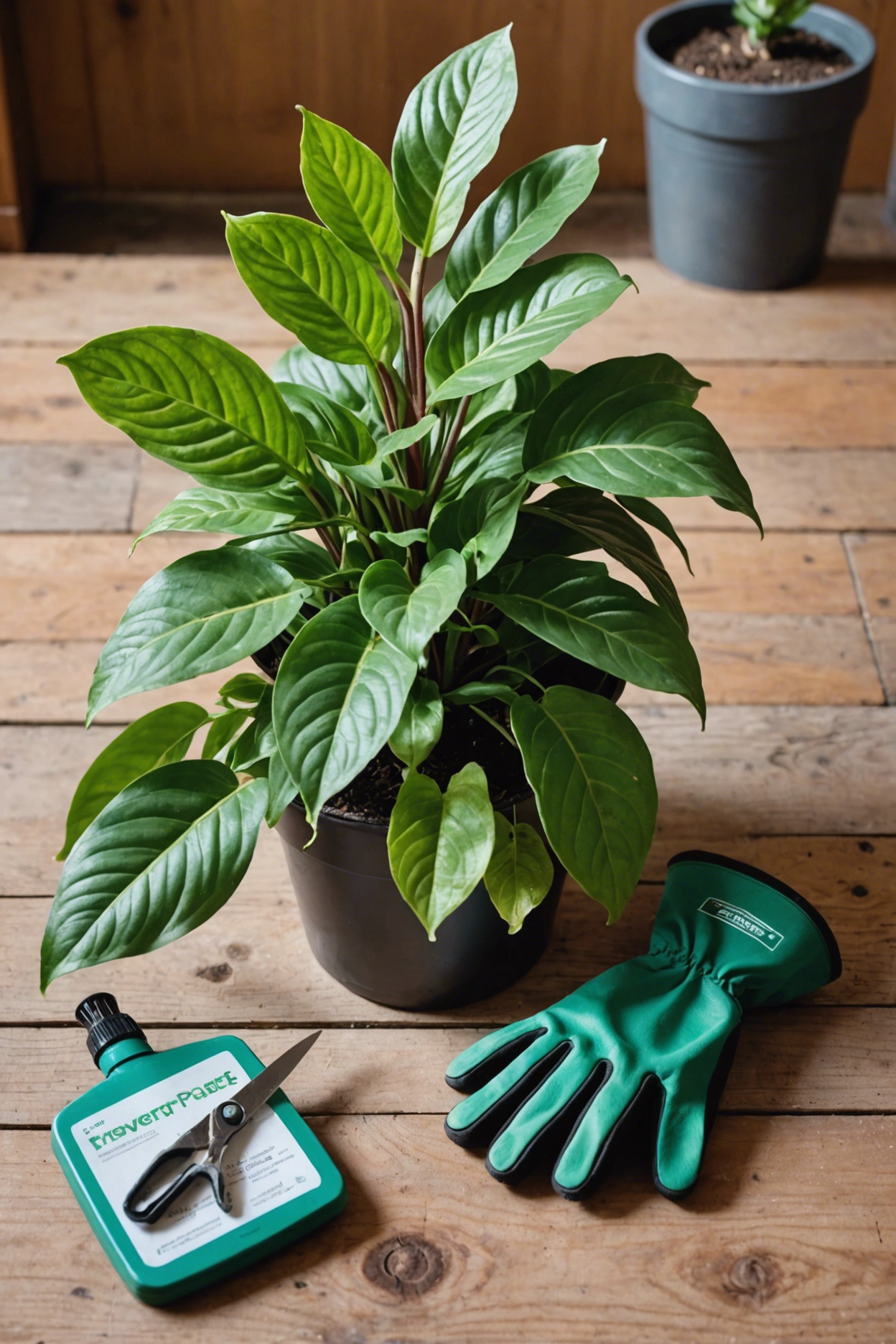 "Wilting prayer plant on a table with gardening gloves, pruning shears, a spray bottle, and fresh soil for revival."