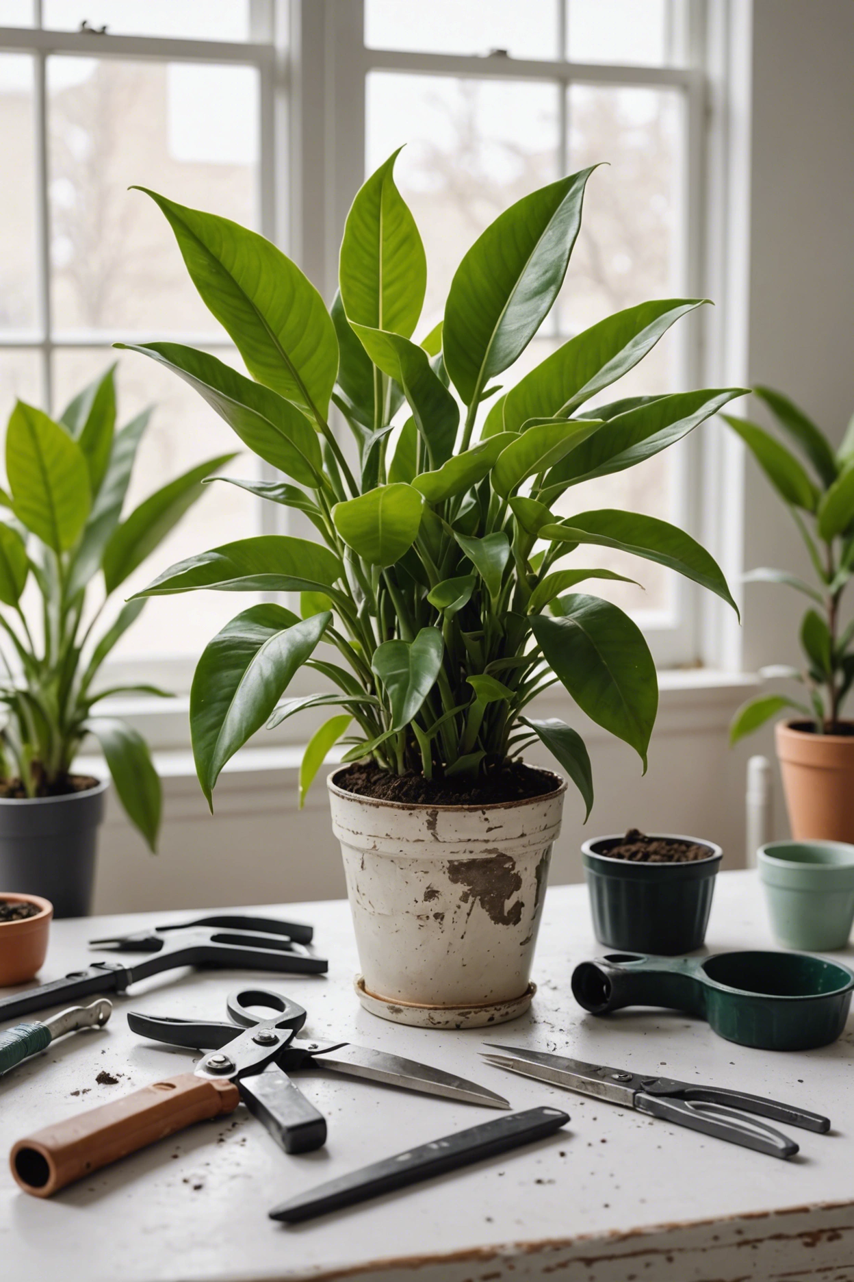 "A distressed ZZ plant with wilting, dull leaves on a light table, surrounded by plant care tools like pruning shears, soil, and fertilizer."