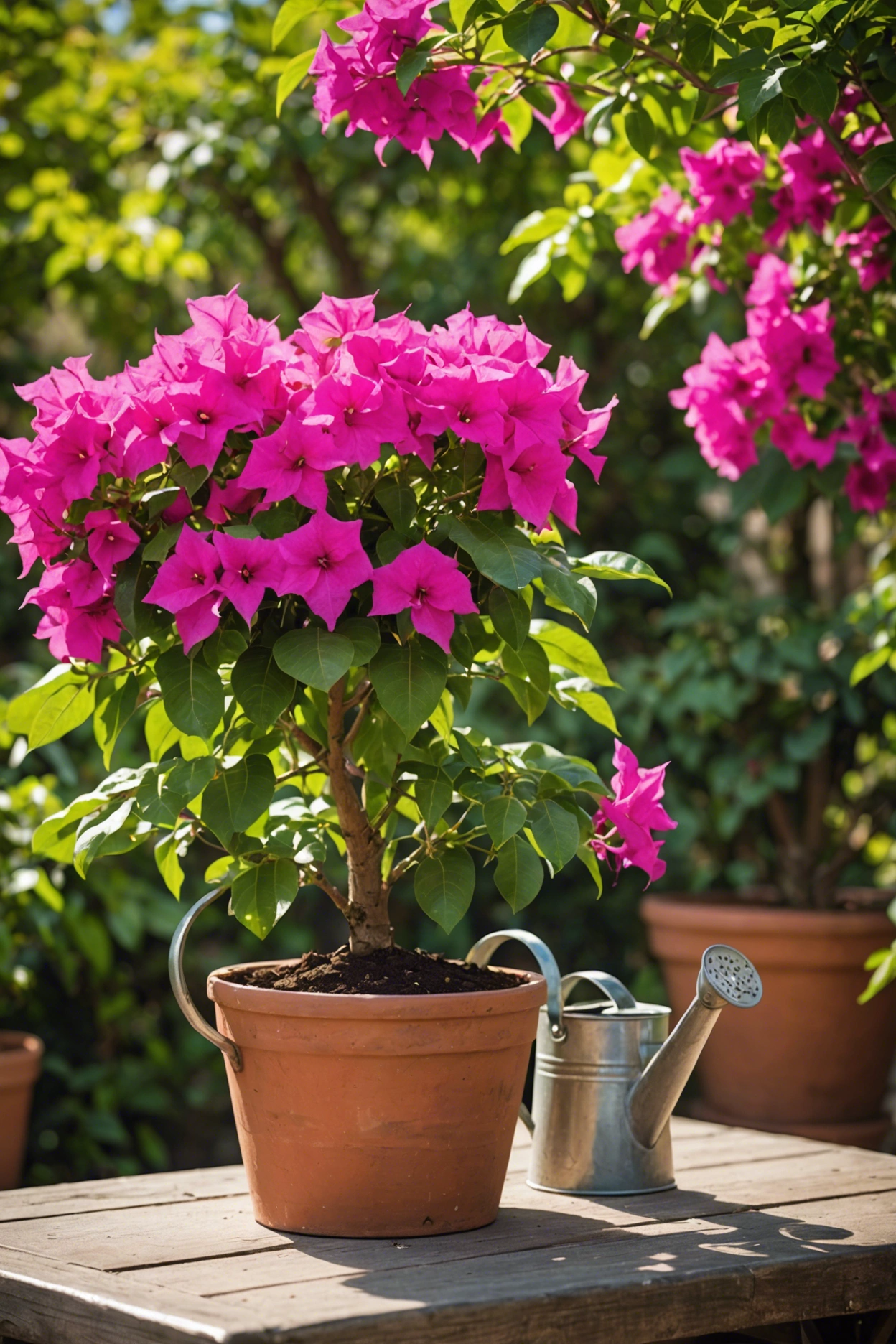 "Bright bougainvillea plant in a clay pot on a garden table, with a watering can nearby, under sunny outdoor conditions."