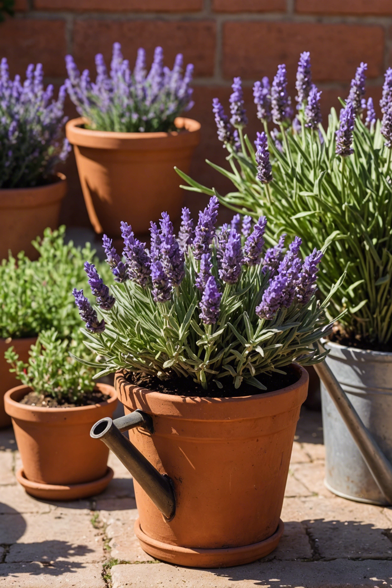 "Wilted lavender plant in a terracotta pot under harsh sunlight, with a watering can and moisture meter nearby."