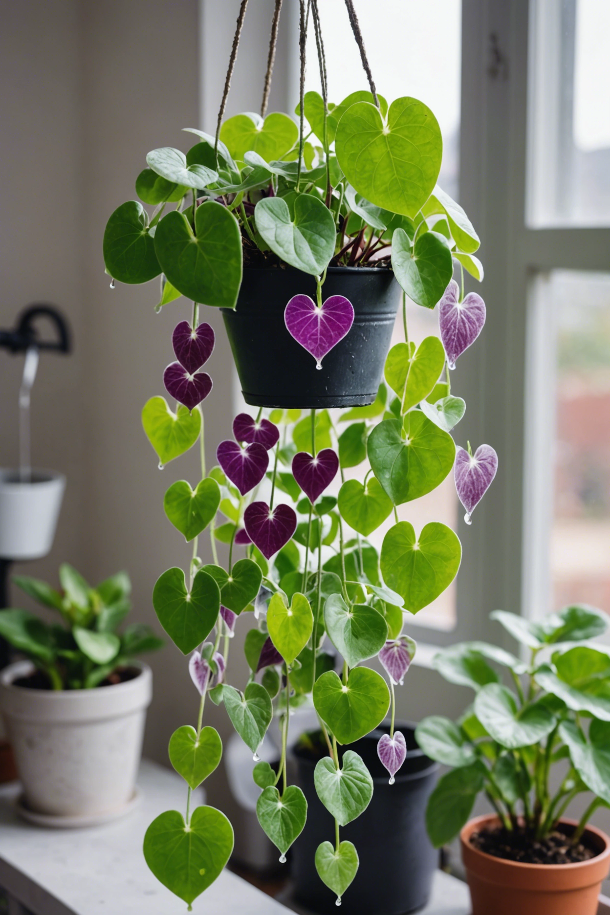 "Close-up of a healthy String of Hearts plant with heart-shaped green and purple leaves in a hanging pot, with a watering can in the background."