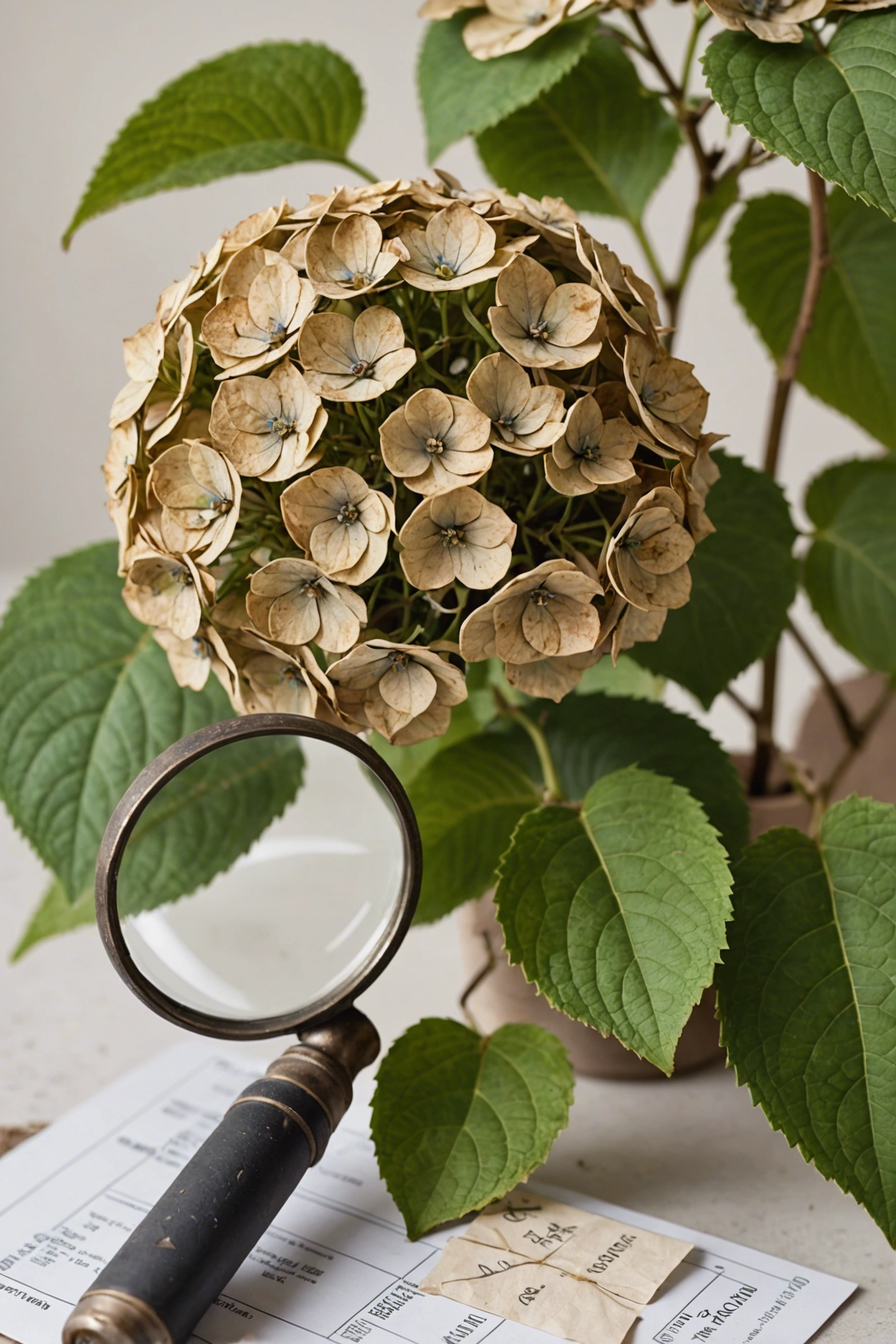 "Close-up of a distressed hydrangea with browning leaves and wilting flowers, magnifying glass inspecting it, with soil testing tools, watering can, and plant food in the background."