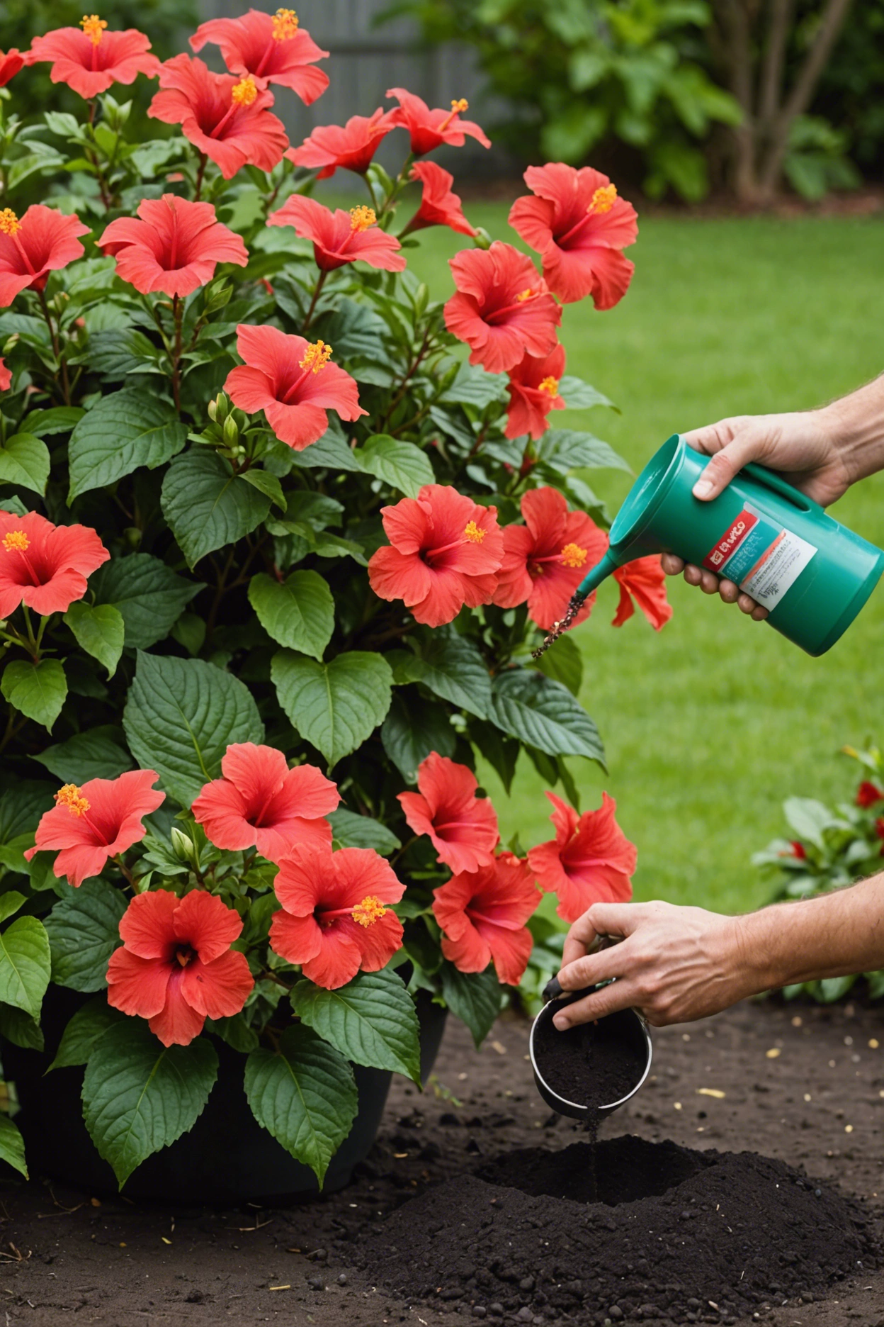 "A hand sprinkling fertilizer on a vibrant hibiscus plant with large blooms, with a bag of hibiscus fertilizer and measuring cup nearby."