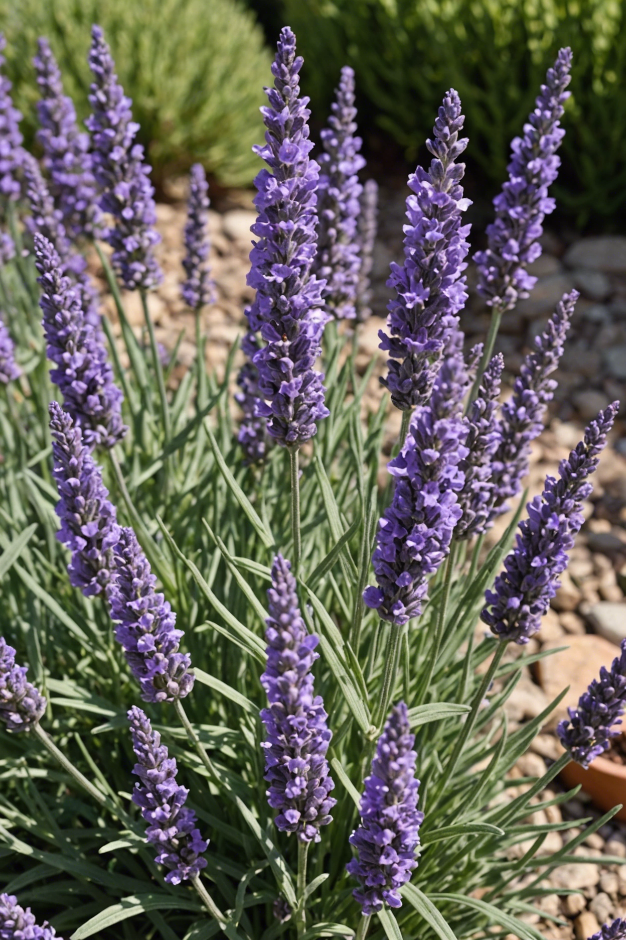 "Close-up of a mature 'Provence' lavender plant in full bloom, surrounded by garden plants at different stages of growth."