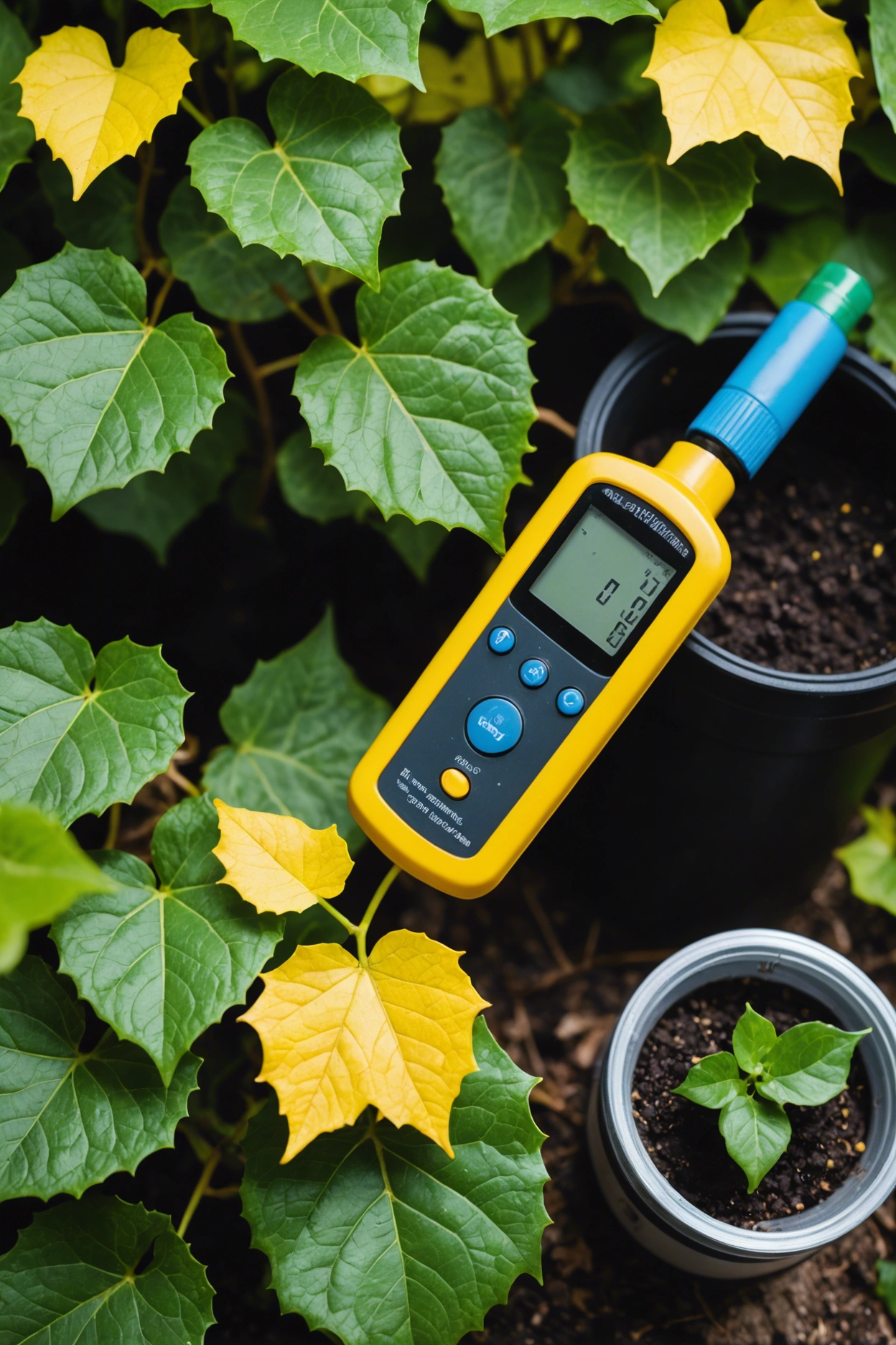 "Close-up of an ivy plant with yellowing leaves, surrounded by a moisture meter, pH testing kit, and ivy fertilizer."