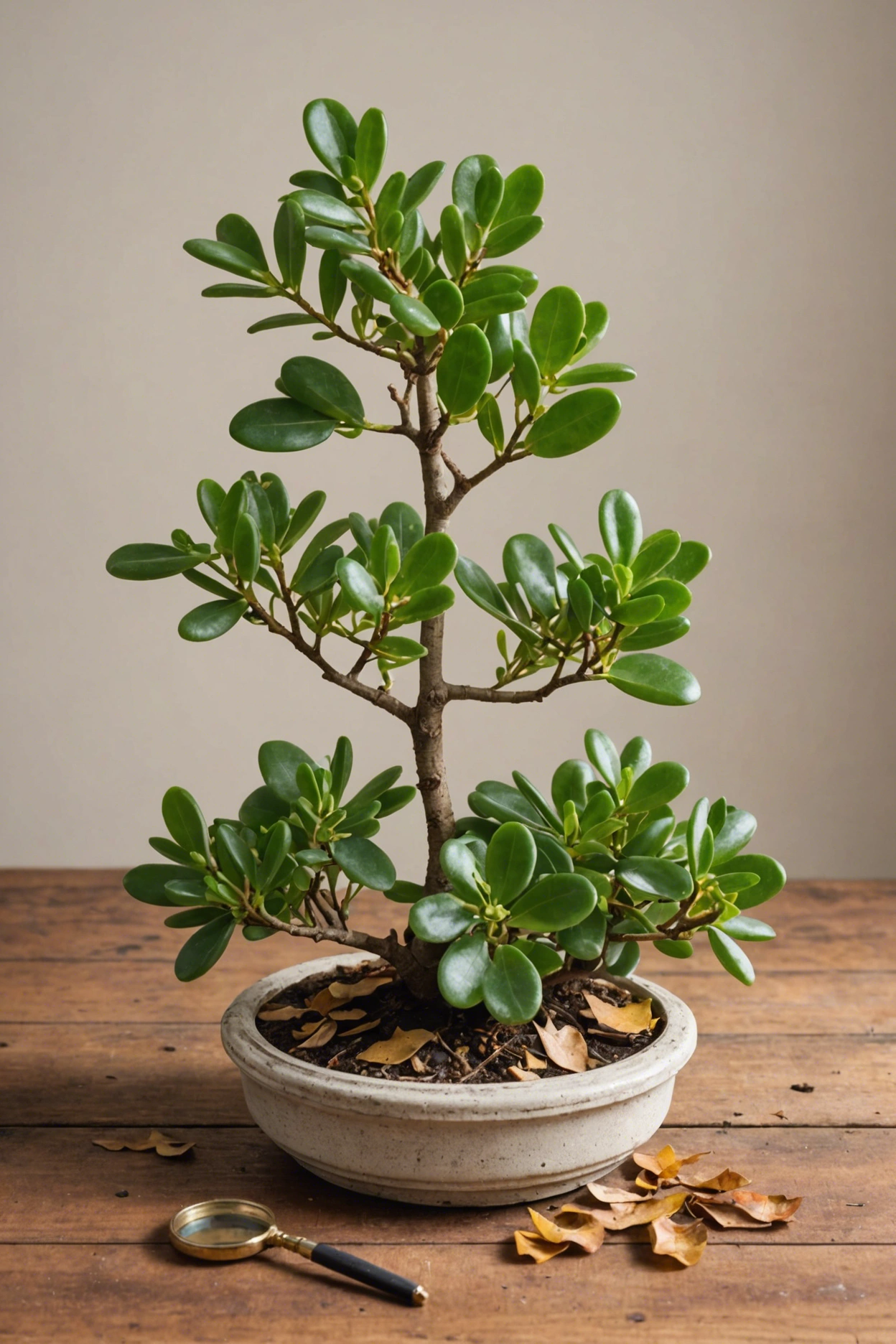 "Distressed jade plant with drooping branches and yellowing leaves on a wooden table, magnifying glass nearby."