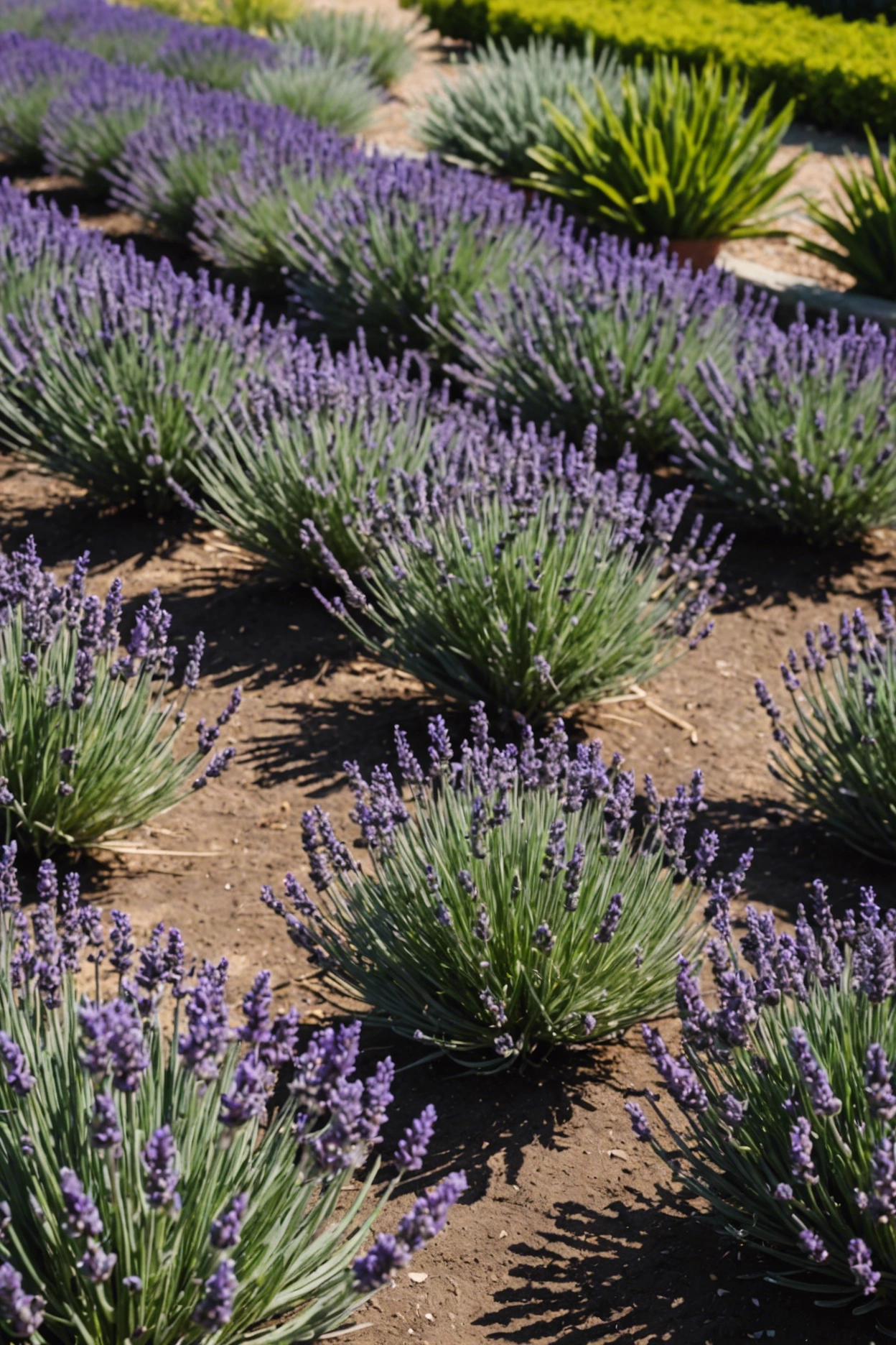 "Lavender 'Grosso' plants in a garden with optimal spacing for growth, measuring tape indicating distance."