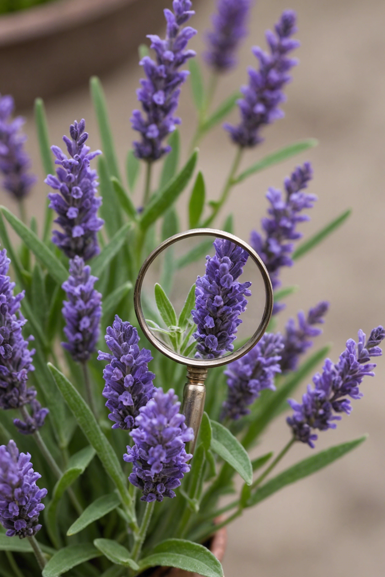 "Close-up of a lavender plant with curling leaves, magnifying glass and guidebook on lavender diseases in frame."