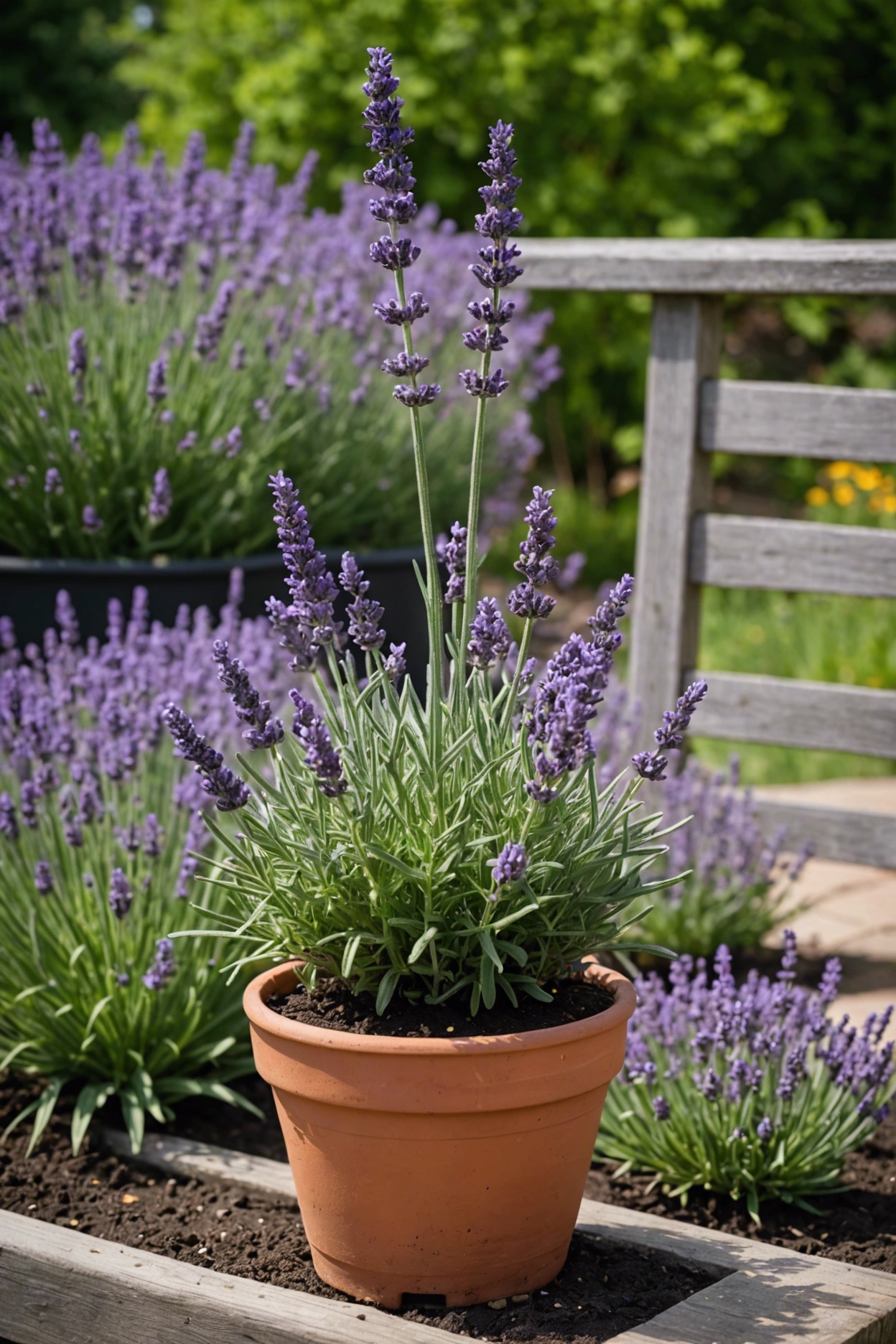 "A lavender plant struggling in a small pot, leaning with sparse blooms, surrounded by larger pots, soil and gardening tools."