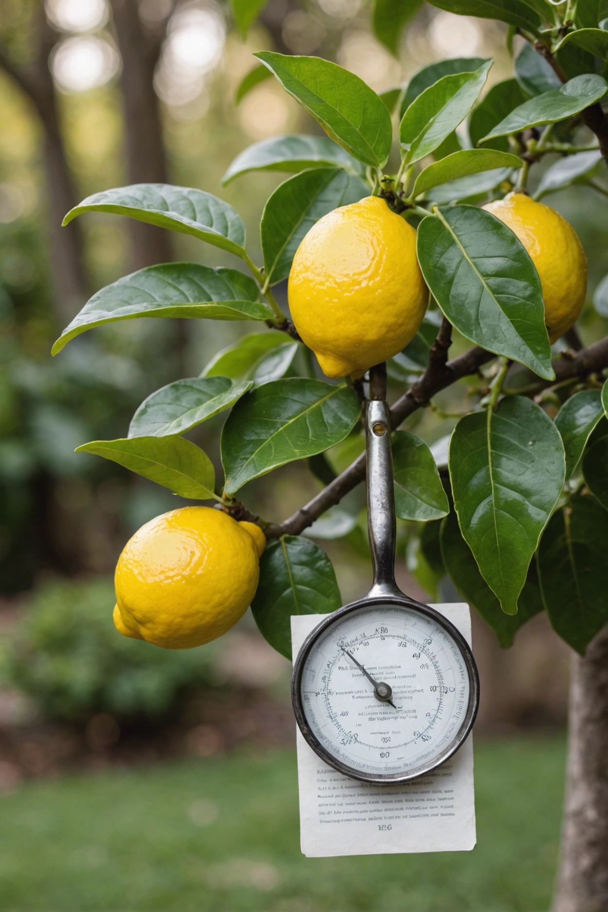 "Close-up of a lemon tree with curling, discolored leaves, magnifying glass and guidebook on citrus leaf curl in the background."
