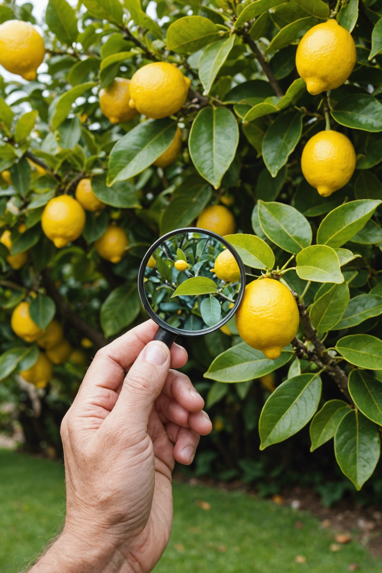 "Gardener's hand holding a magnifying glass inspecting yellowing leaves on a lemon tree, with blurred gardening tools in the background."
