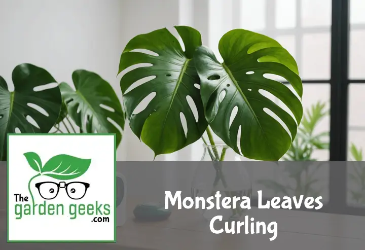 "A distressed Monstera plant with curling leaves on a wooden table, next to a humidity meter and water spray bottle."