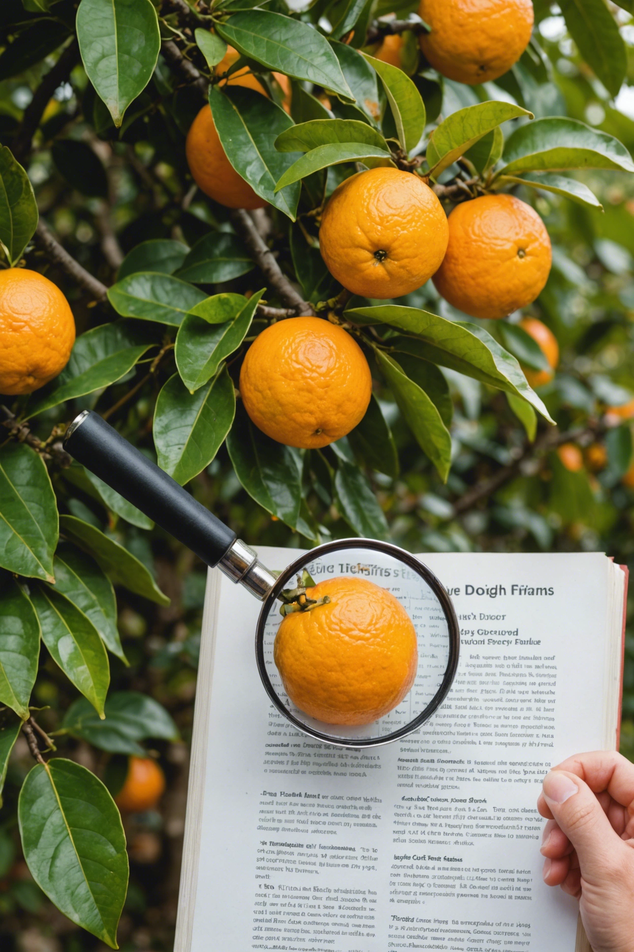 "Close-up of a distressed orange tree with fallen leaves and discolored fruit, magnifying glass examining a leaf, and a citrus care guide book nearby."