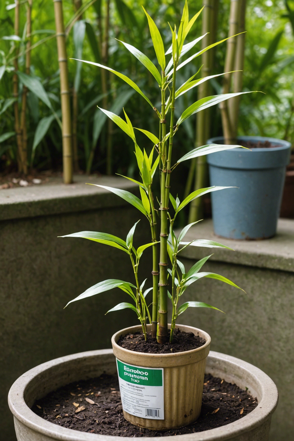 "Close-up of a potted bamboo plant with yellowing leaves outdoors, with a pH soil tester and bamboo fertilizer nearby."