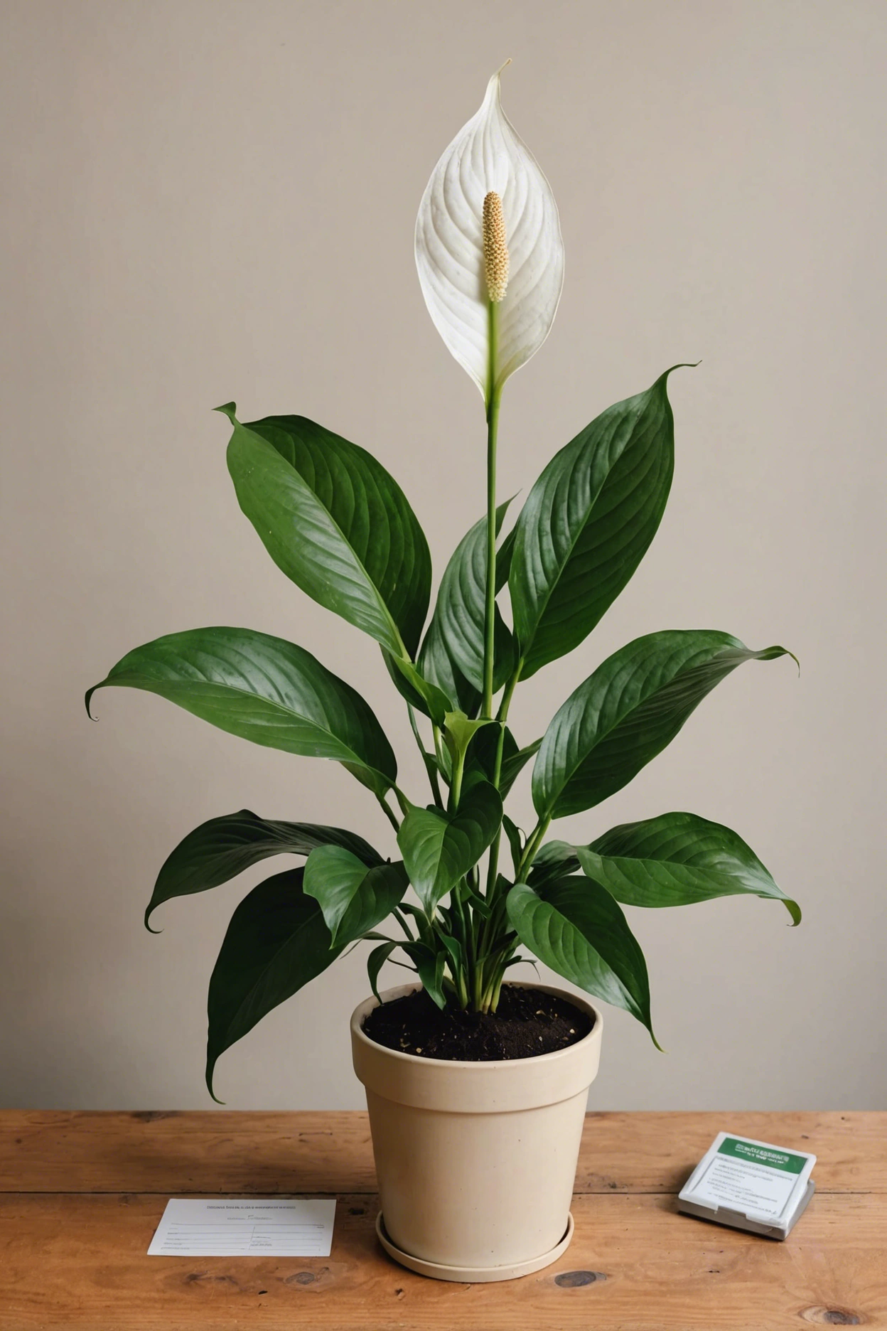 "Peace lily with unusually green flowers on a wooden surface, next to soil testing tools and a diagnostic chart."