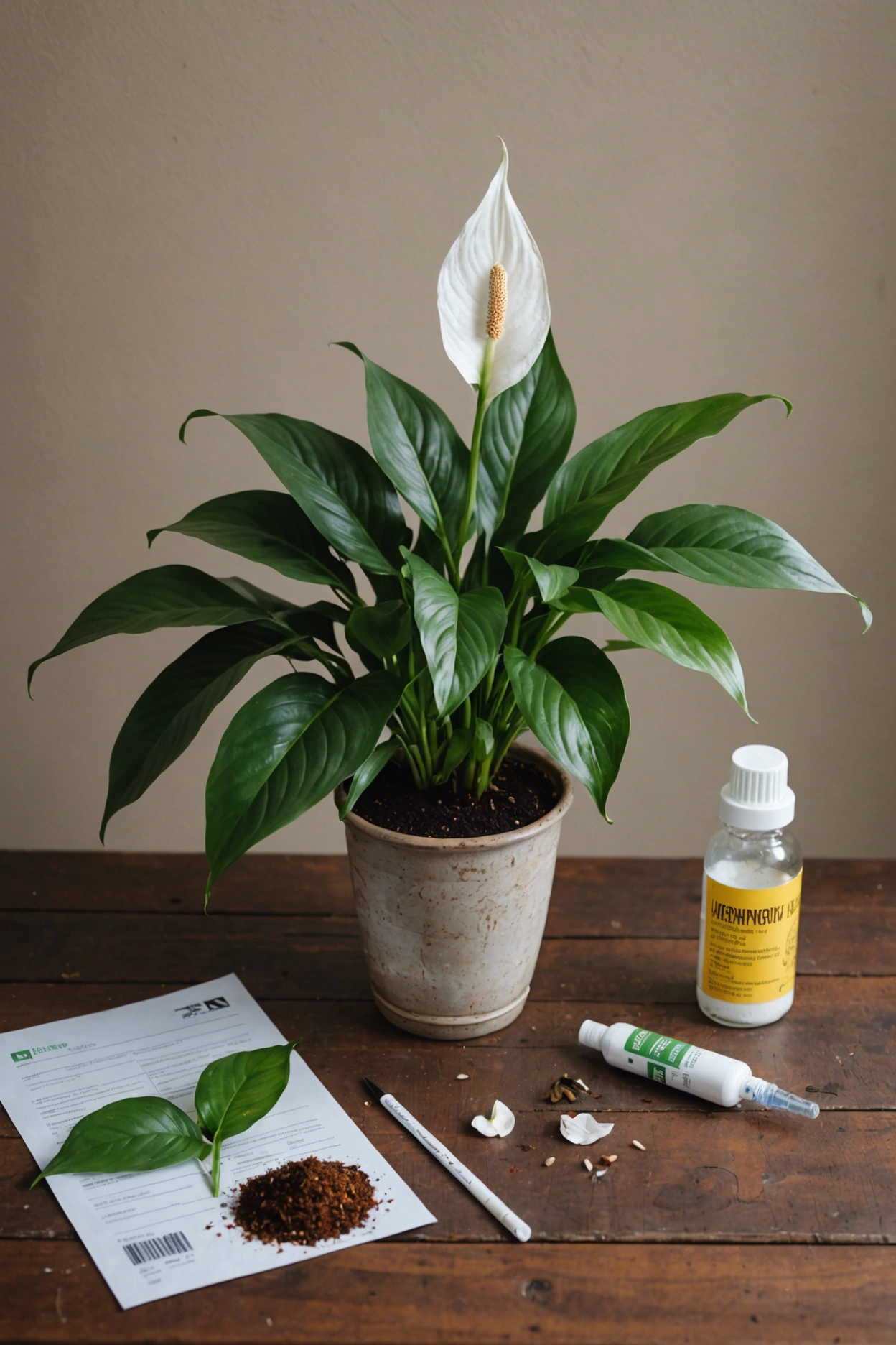 "Wilted peace lily on a wooden table surrounded by plant food, pH testing kit, and nutritional supplements."