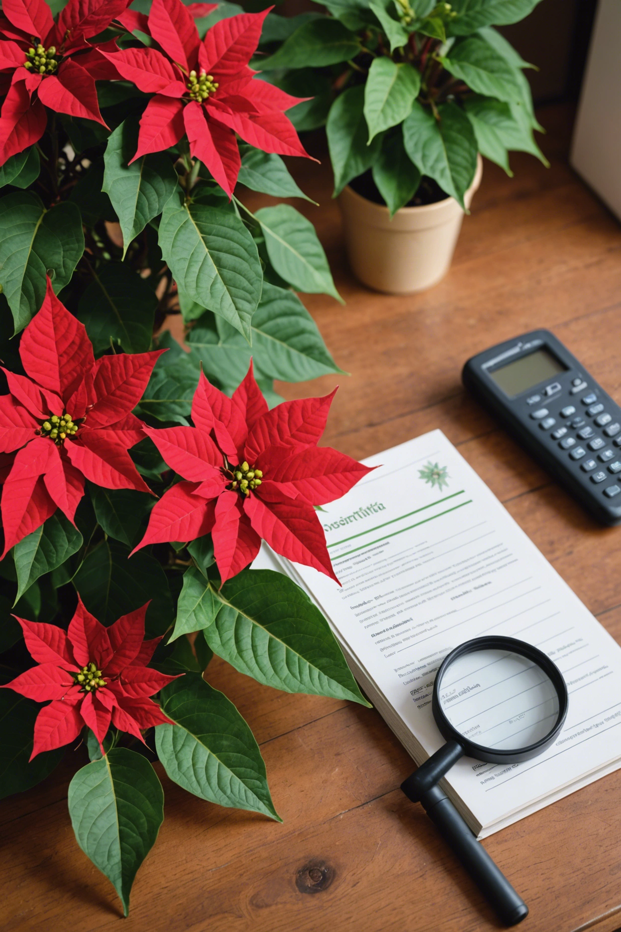 "Close-up of a poinsettia plant with vibrant red and green leaves, some wilting or falling off, with a magnifying glass and plant health guide book nearby."