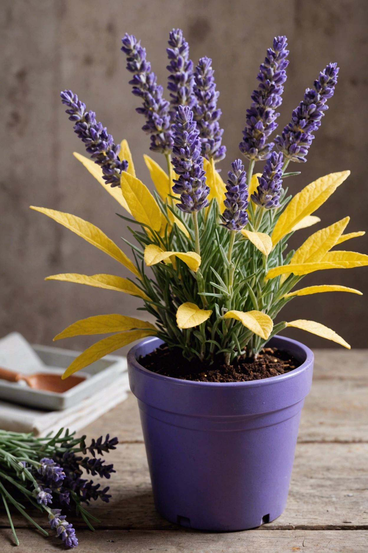 "Potted lavender plant with yellow leaves on a rustic table, surrounded by soil pH tester, moisture meter, and nutrient supplements."