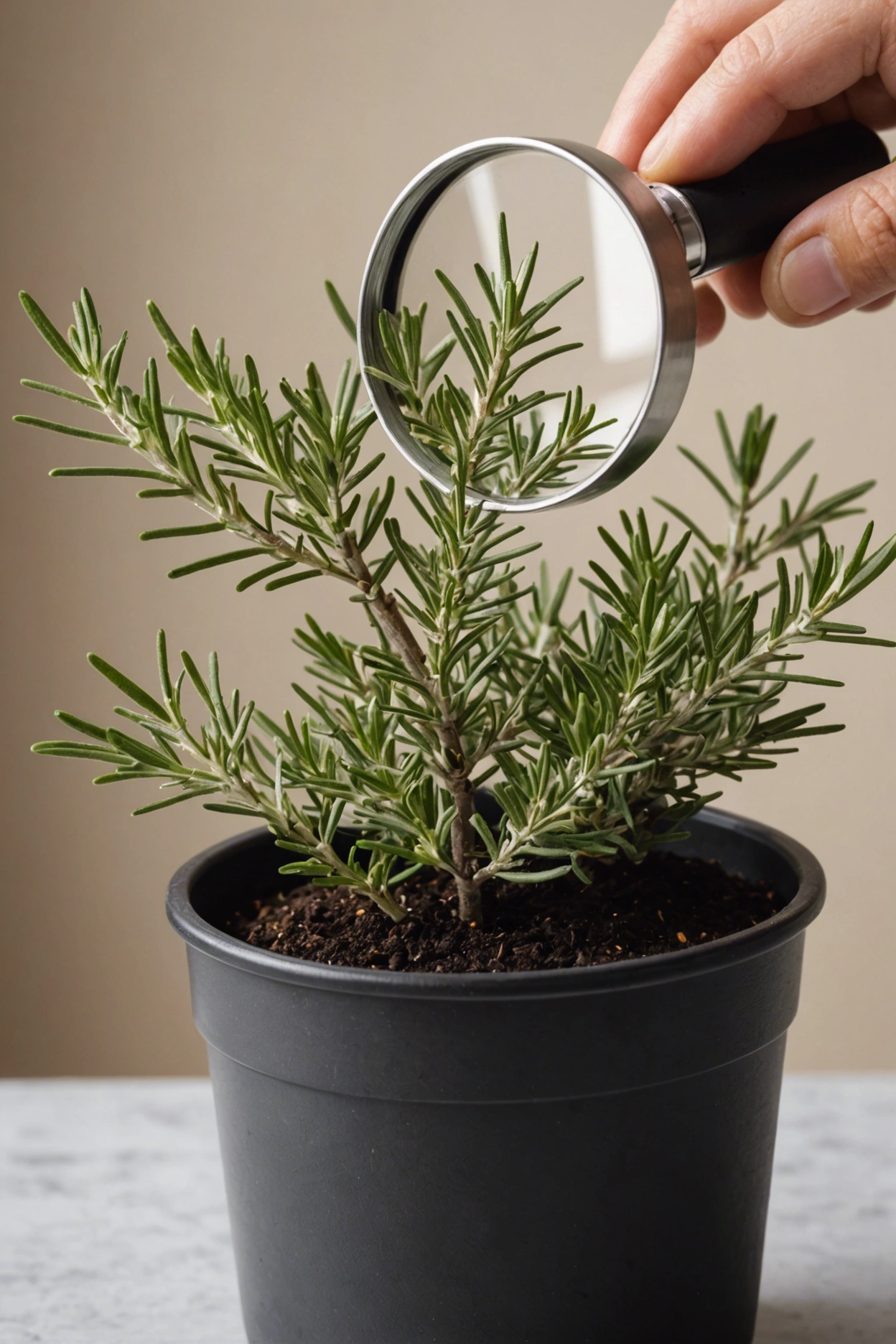 "Close-up of a yellowing rosemary plant in a pot, with a magnifying glass, pH test kit, and organic fertilizer nearby."
