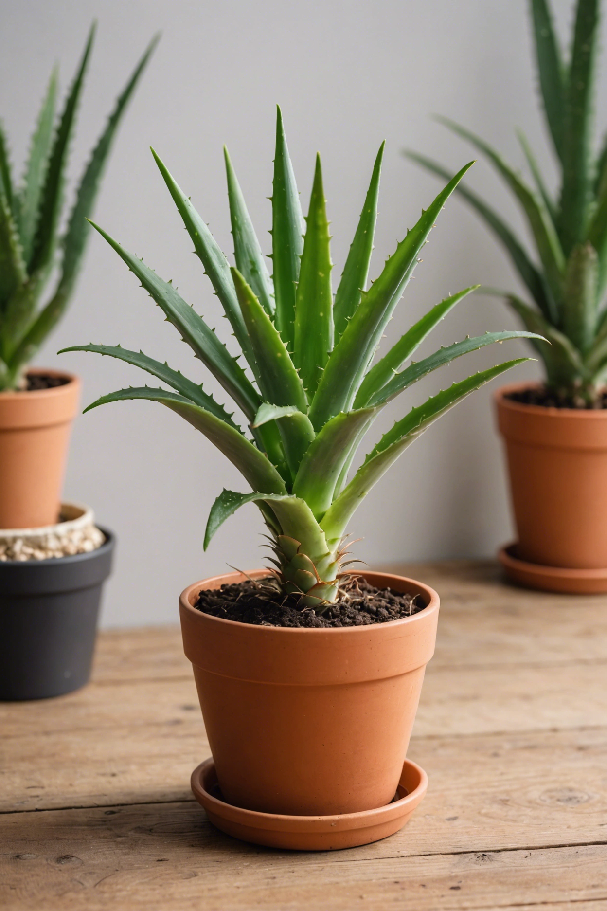"Stressed aloe vera plant with drooping, yellowing leaves on a wooden surface, soil moisture meter indicating overwatering."