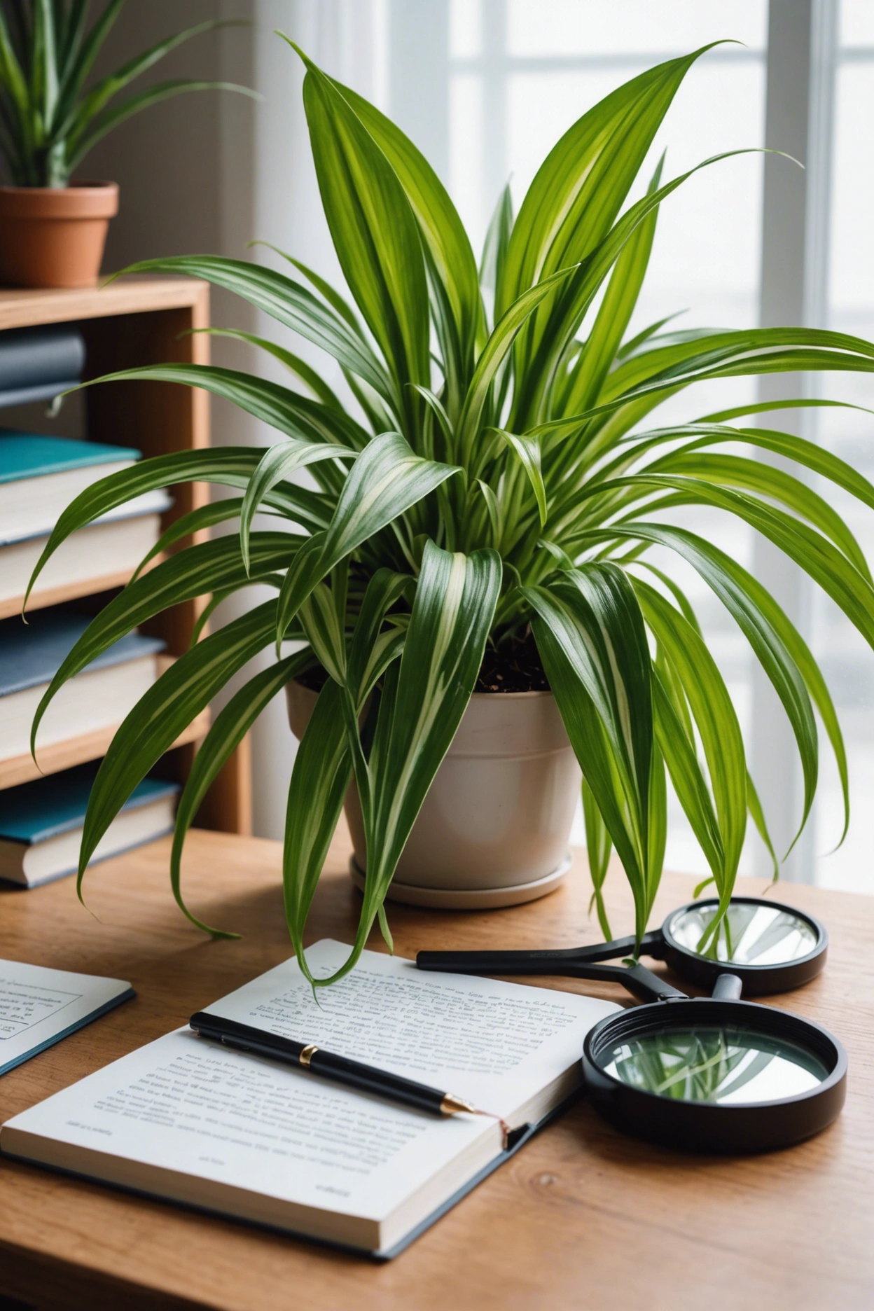 "A spider plant with browning leaves next to a magnifying glass and a plant care guidebook in a bright indoor setting."