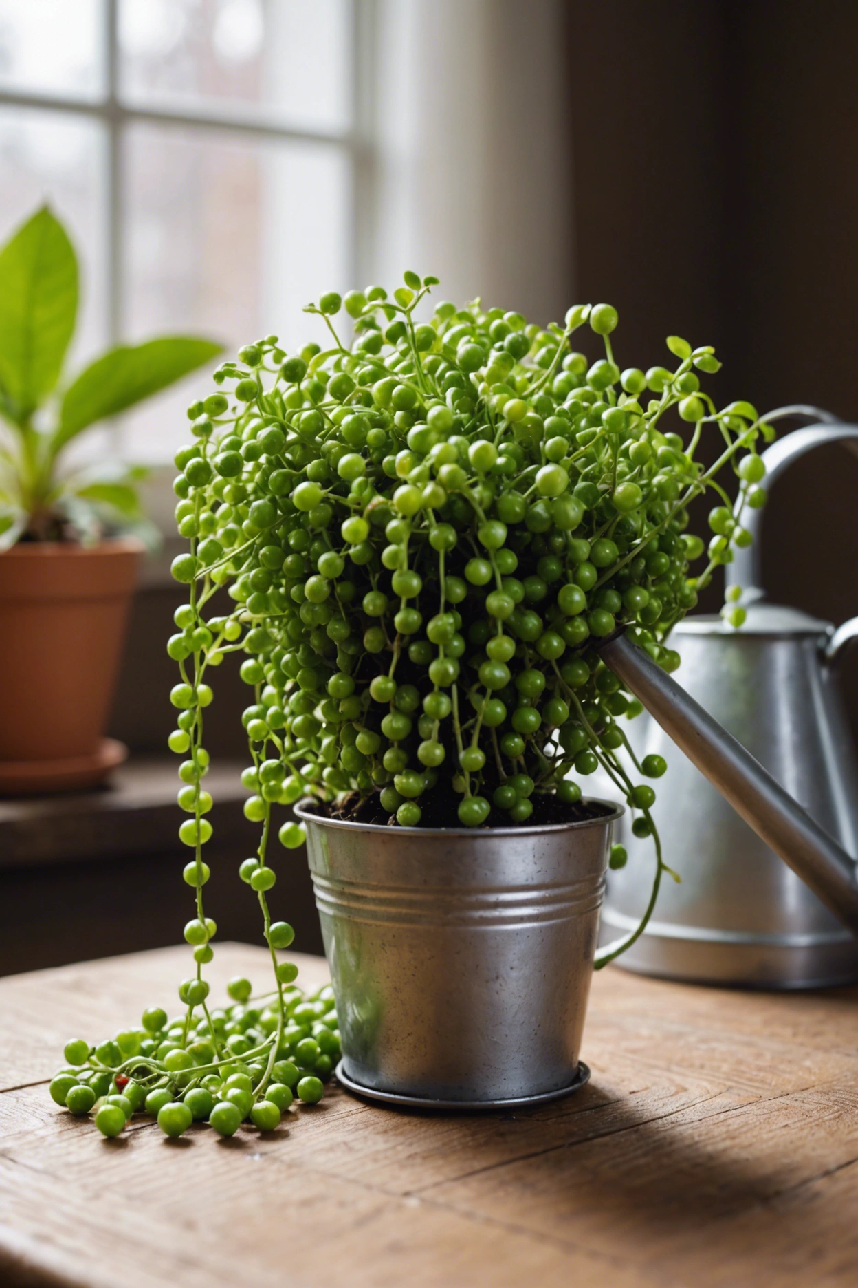 "Close-up of a drying String of Pearls plant on a wooden table, with a humidity meter and watering can nearby."