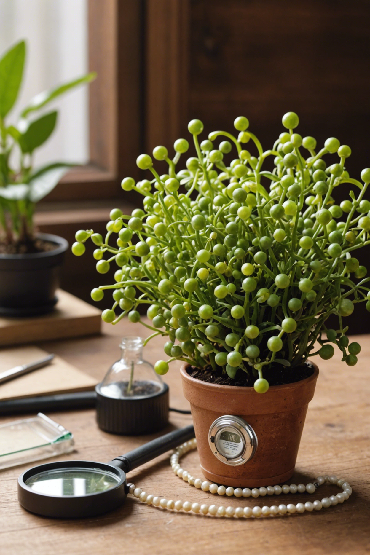 Close-up of a String of Pearls plant with brown discoloration on a wooden table, magnifying glass and care tools in the background.