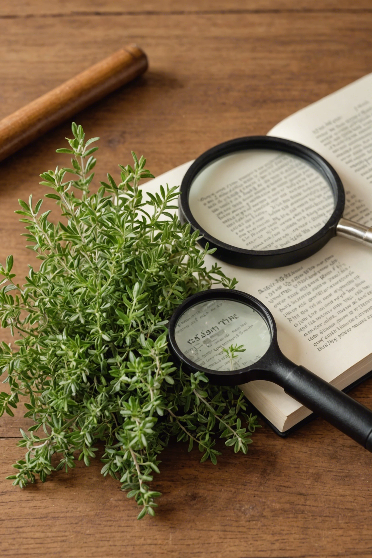 "Close-up of a thyme plant with yellowing leaves under a magnifying glass, surrounded by gardening tools and an open guidebook on thyme diseases."