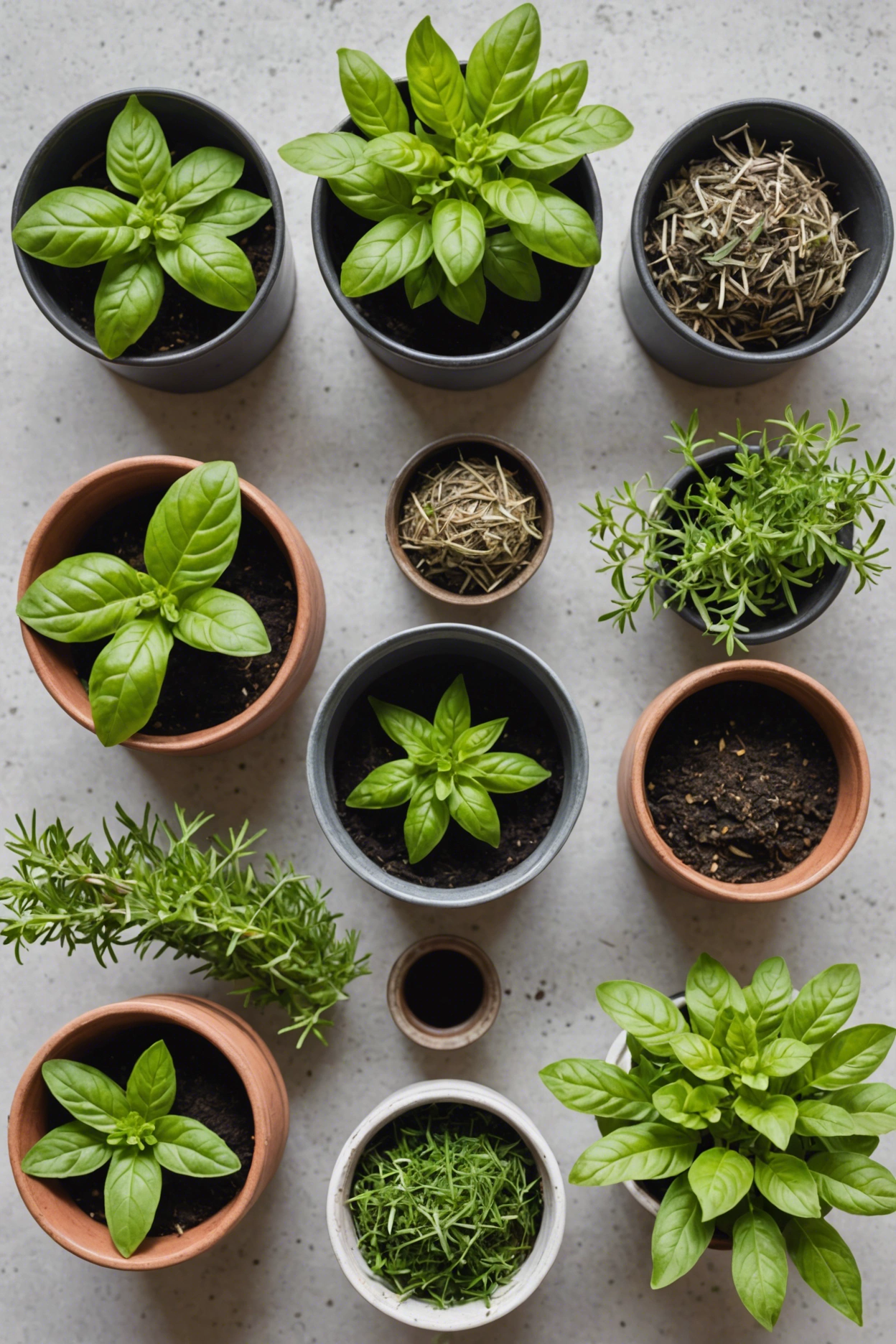 "Close-up of wilting herbs in pots with yellowing leaves and limp stems, alongside plant care tools."