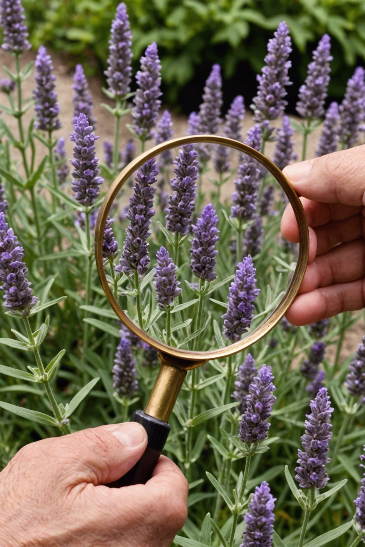 "Gardener's hand holding a magnifying glass over brown lavender flowers, with healthy purple blooms and a plant disease guidebook in the background."