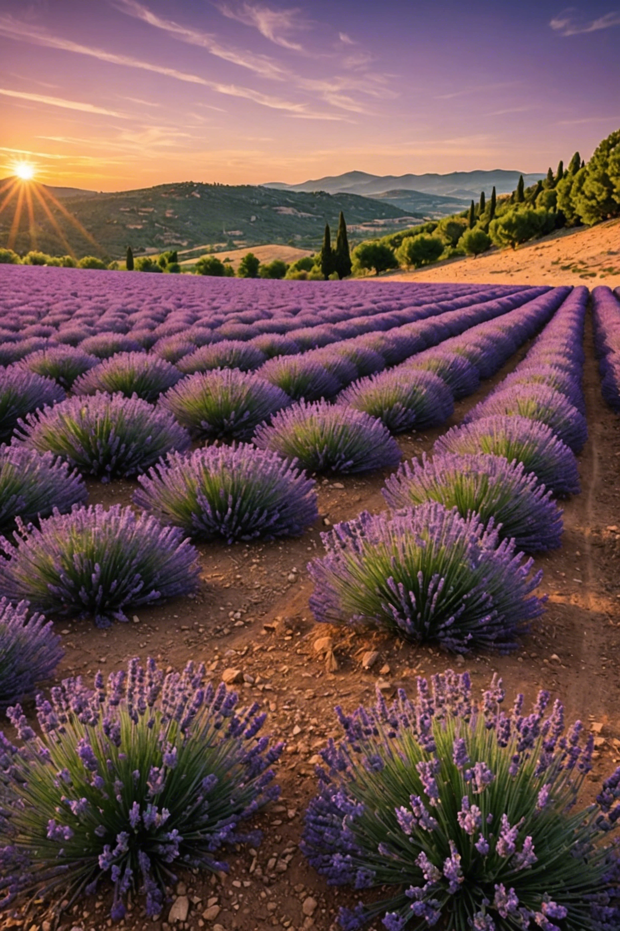 "Sunset over a vast field of vibrant purple lavender thriving in dry, rocky soil amidst rolling hills."