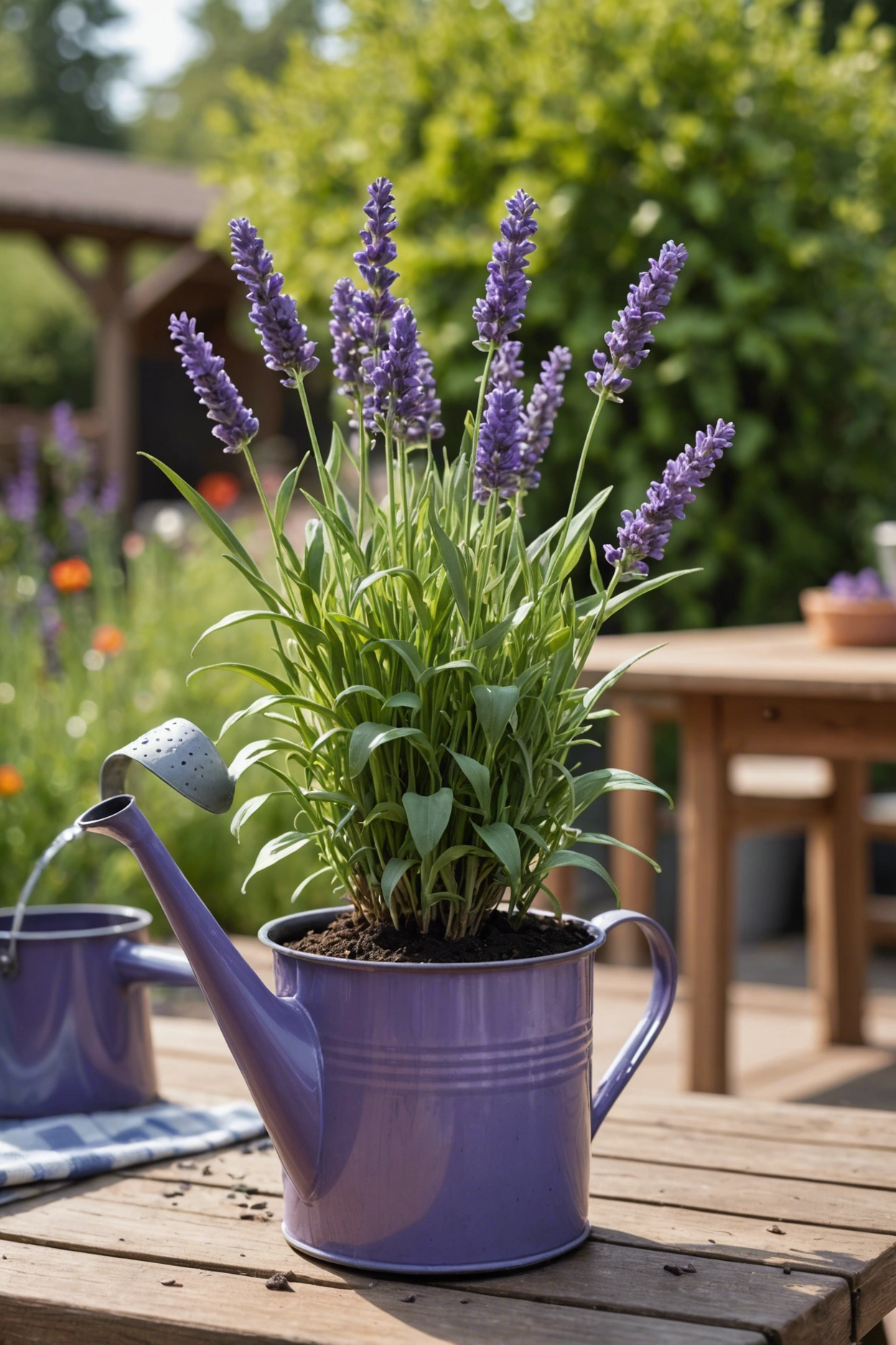 "Wilted lavender plant in a pot on a garden table, indicating overwatering, with a watering can nearby."