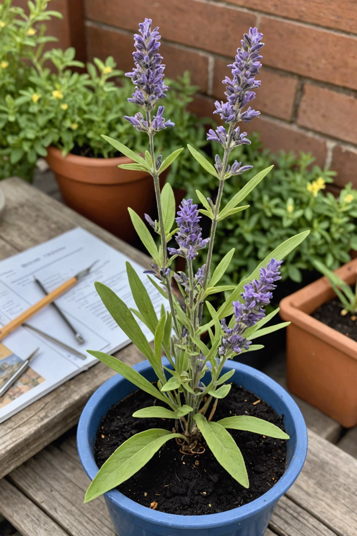 "Wilting lavender plant in a pot on an outdoor table, surrounded by gardening tools, a soil testing kit, and a care guide book."