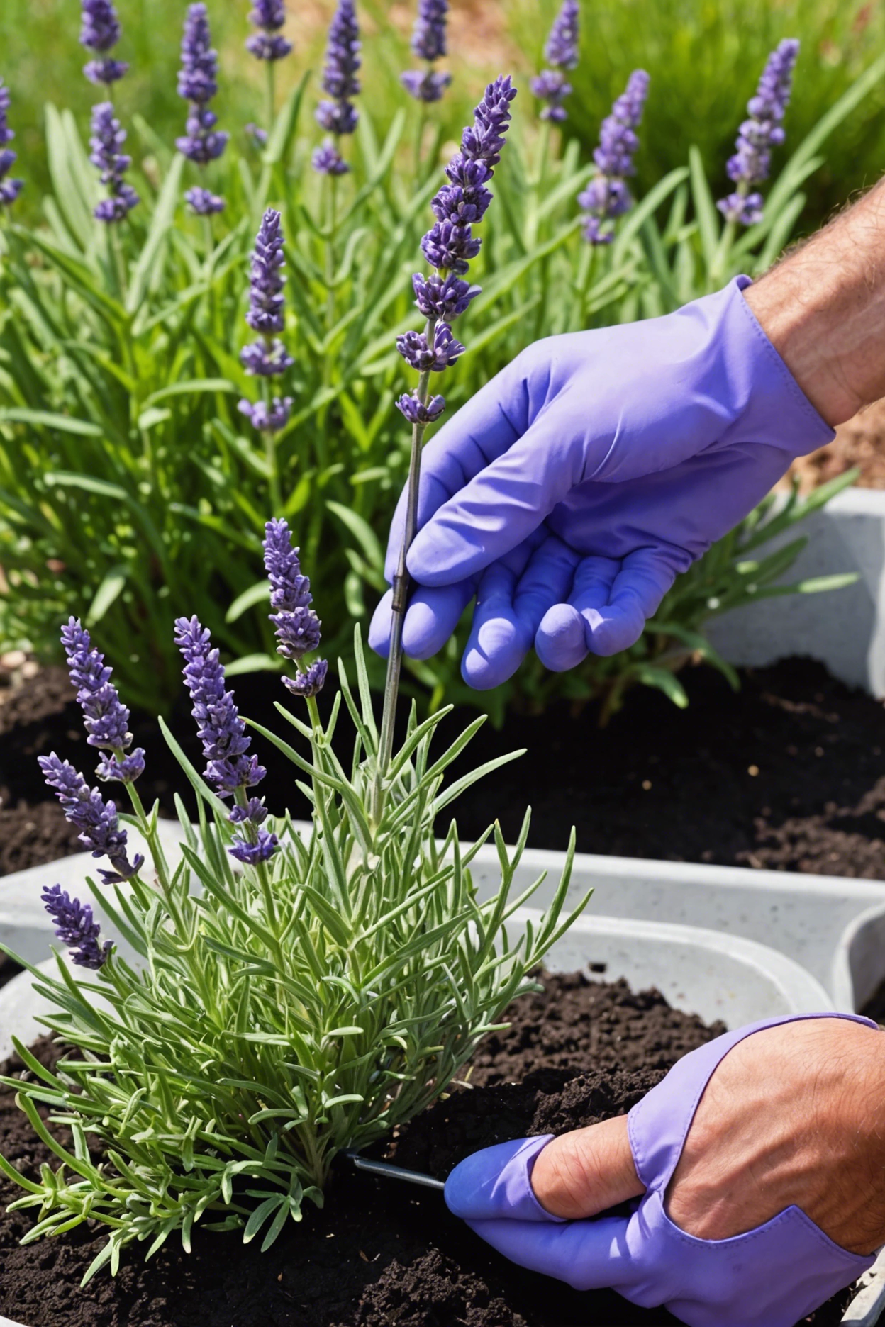 "Gardener's hand adjusting a stake next to a sideways-growing lavender plant, with gardening tools nearby."