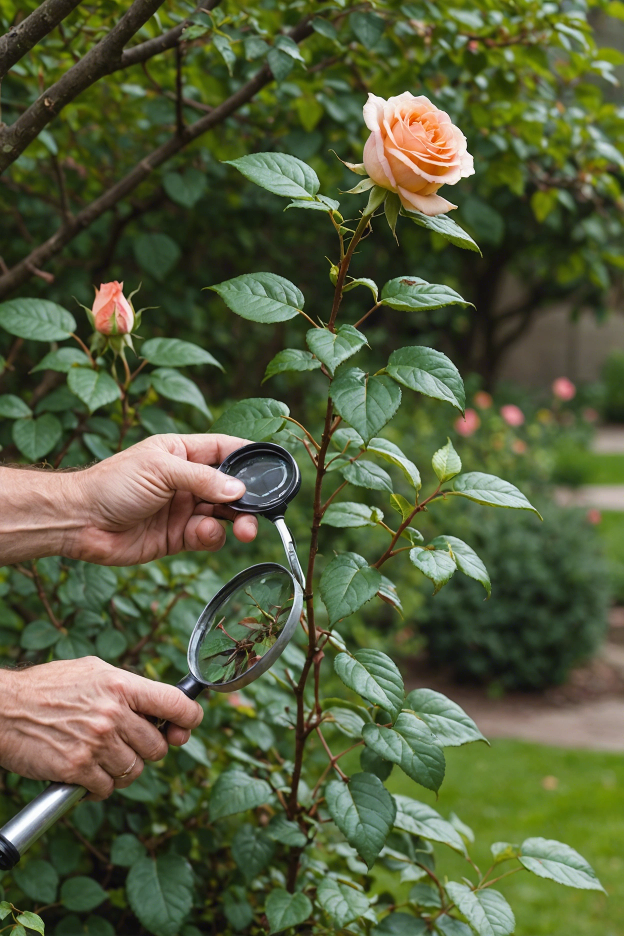 "Gardener's hand holding a magnifying glass inspecting a wilting rose bush, with nearby gardening tools."