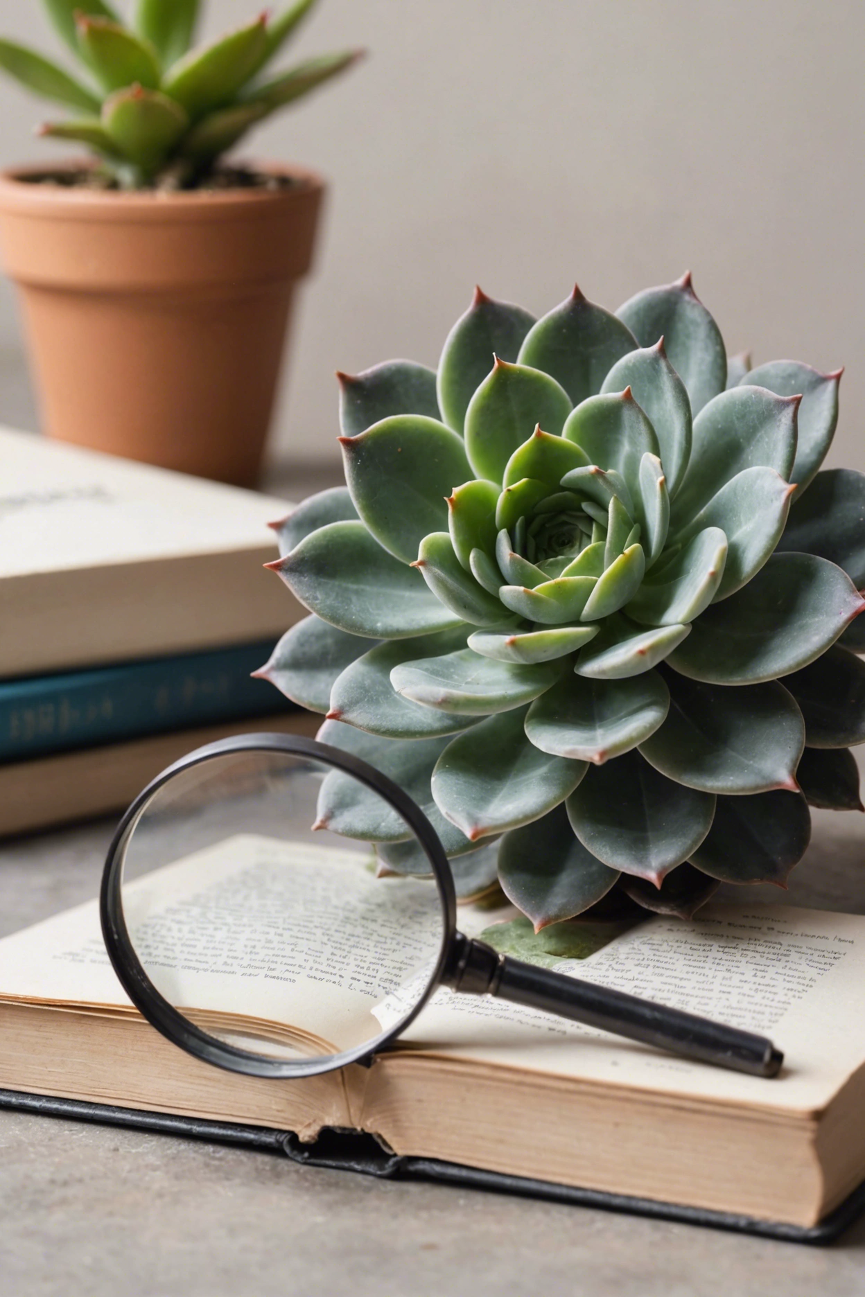 "Close-up of a stressed gray succulent with shriveled leaves and discoloration, magnifying glass and care book in background."