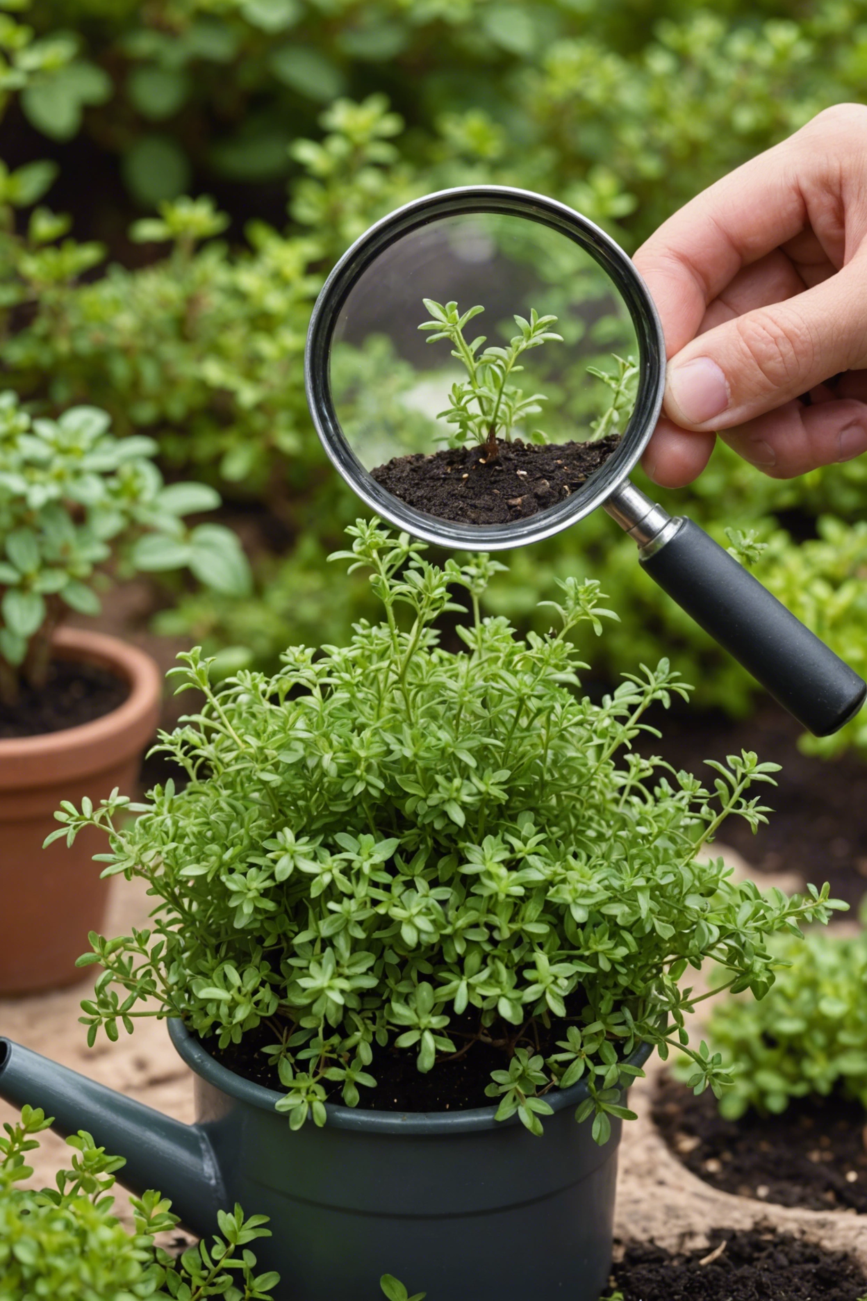 "Close-up of a wilting thyme plant in a garden, with a magnifying glass diagnosing its condition, and gardening tools in the background."