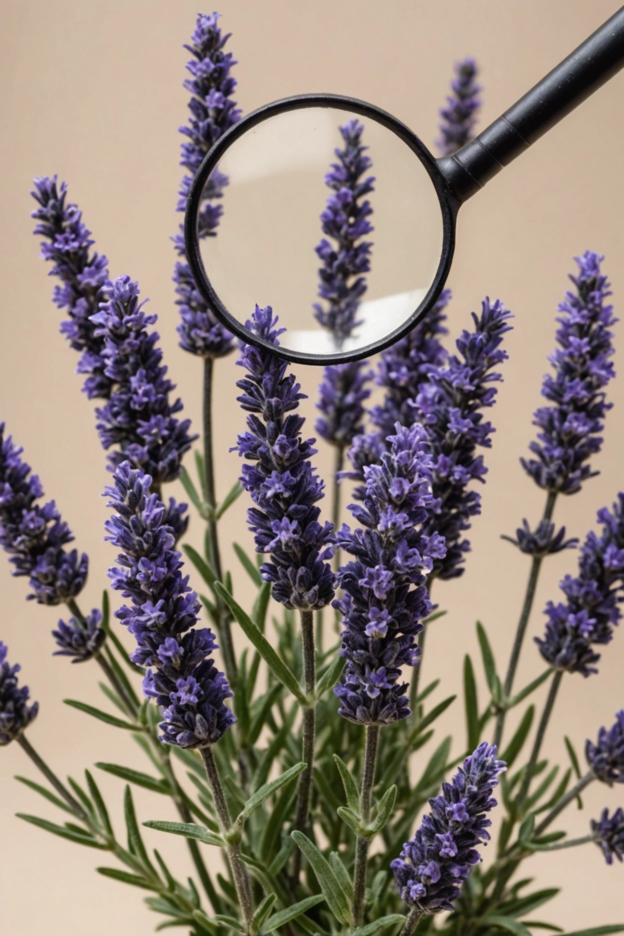 "Close-up of a distressed lavender plant with blackened leaves and stems, next to a magnifying glass, contrasting healthy blooms."