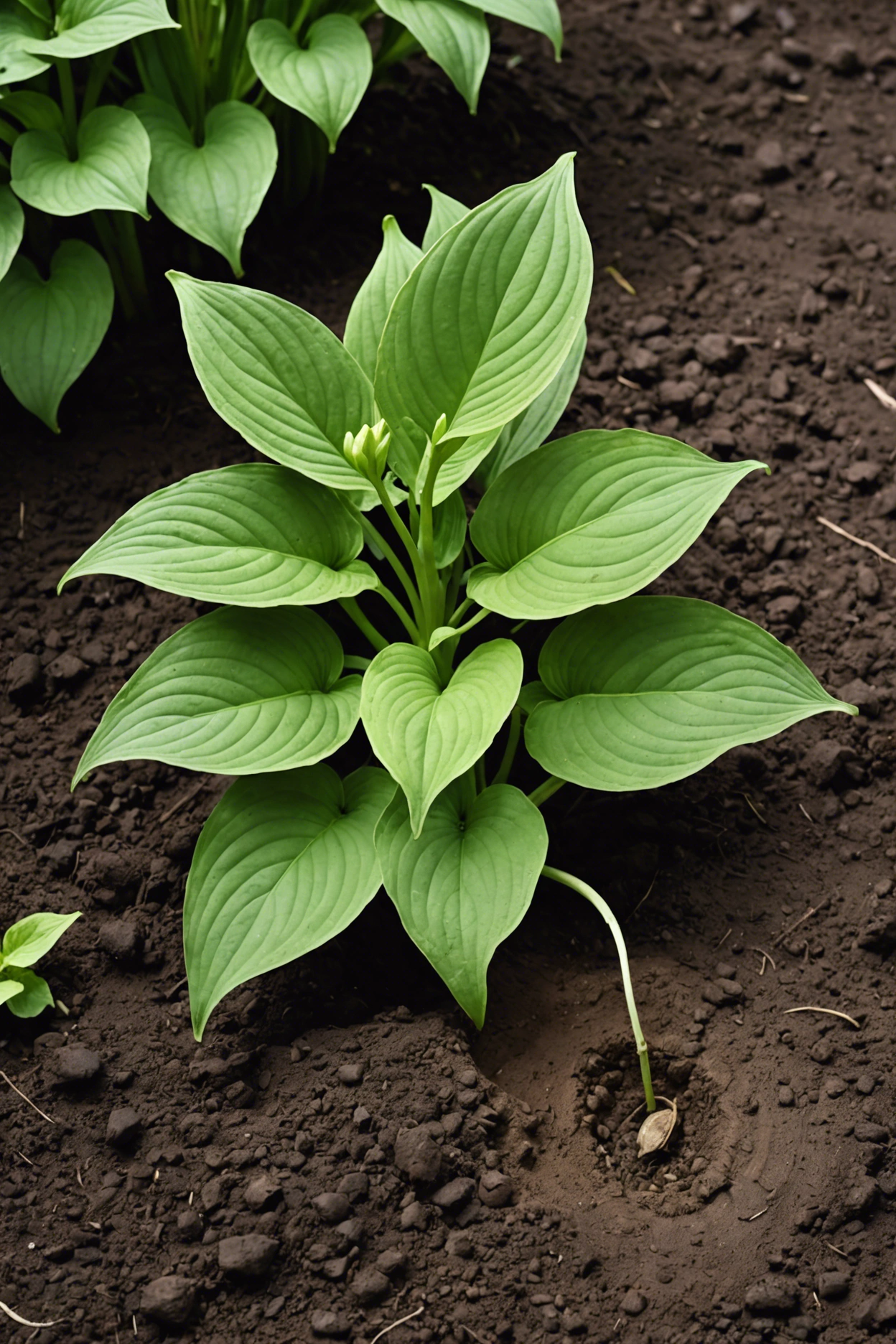 "Hosta plant growing in clay-like soil, showing signs of both health and struggle, with a soil testing kit nearby."