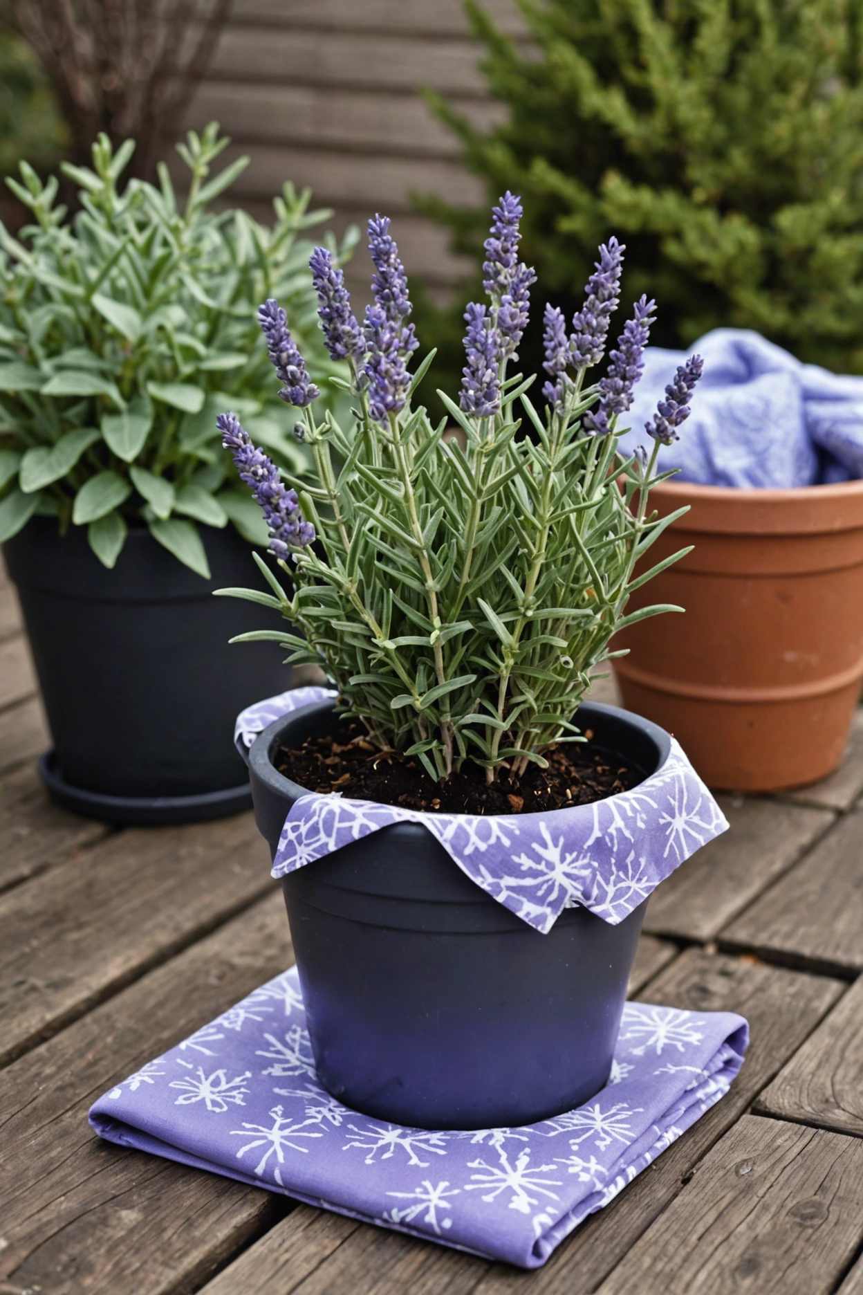"A lavender plant covered with breathable fabric for frost protection, surrounded by fallen leaves, snowflakes and gardening tools."