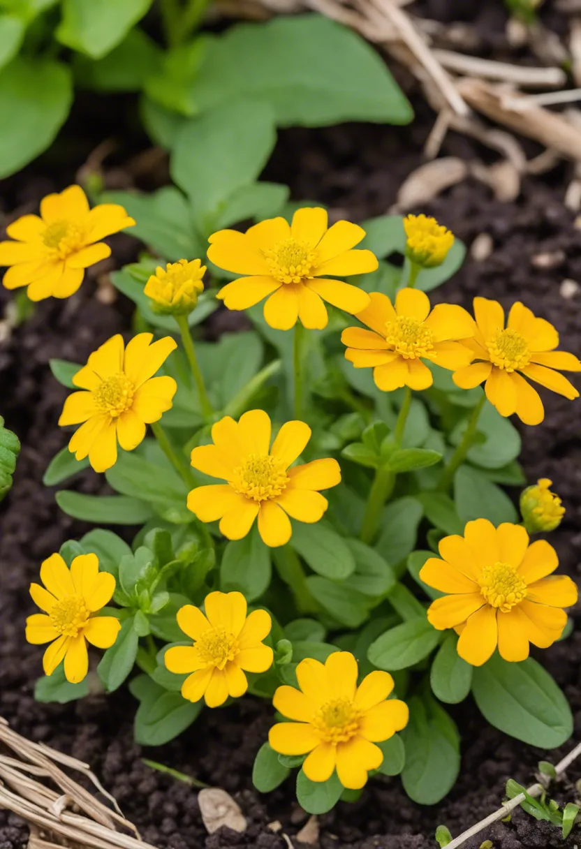 Bright yellow Sanvitalia Procumbens in bloom with gardening gloves, trowel, and fertilizer on a sunny day.
