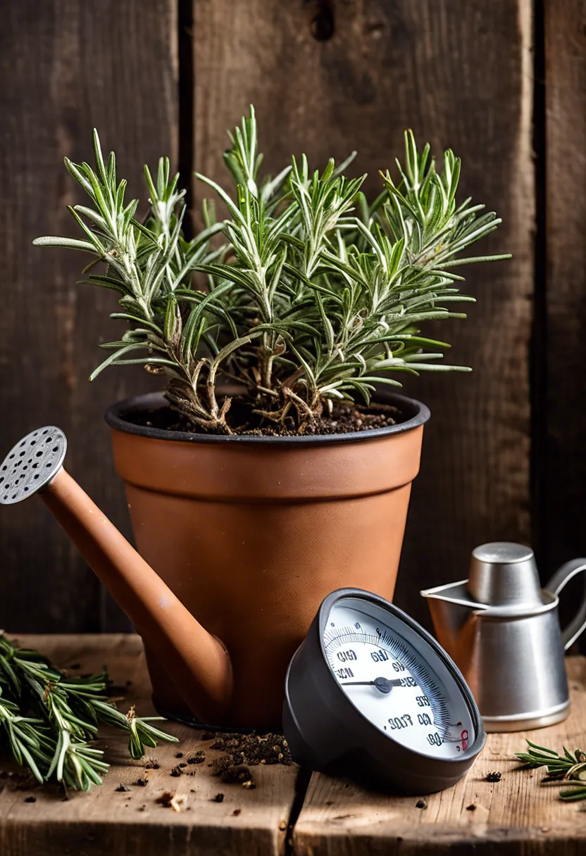 Close-up of a drying rosemary plant with brown tips on a wooden table, surrounded by a watering can, hygrometer, and fertilizer packet.