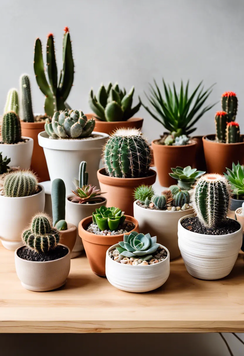 A collection of cacti and succulents, including aloe vera, in unique pots on a wooden table against a white wall.