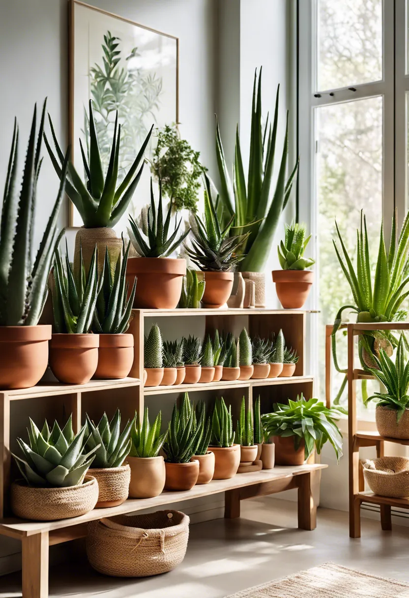 Aloe vera plants of various sizes on shelves and window sills in a sunlit room with a cozy living space background.