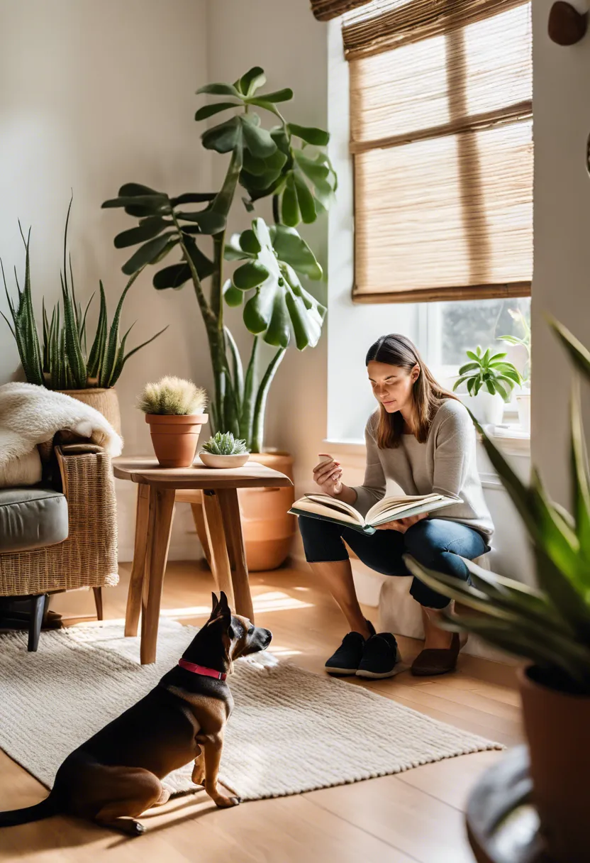 Pet owner reads a pet care book beside their curious dog, with an aloe vera plant on the table in a cozy, sunlit living room.