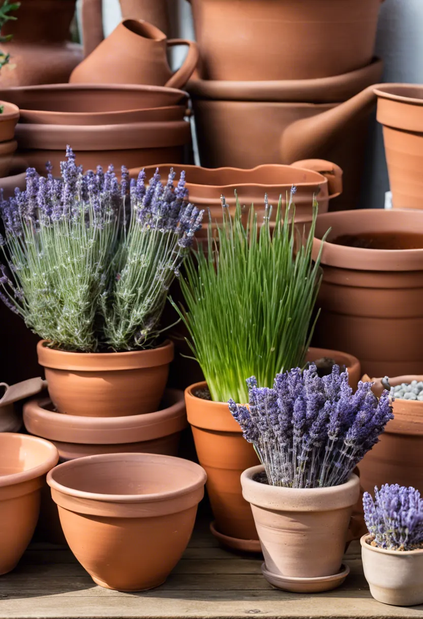 "Variety of lavender plants in pots of different materials and sizes on a wooden table, with gardening tools nearby."