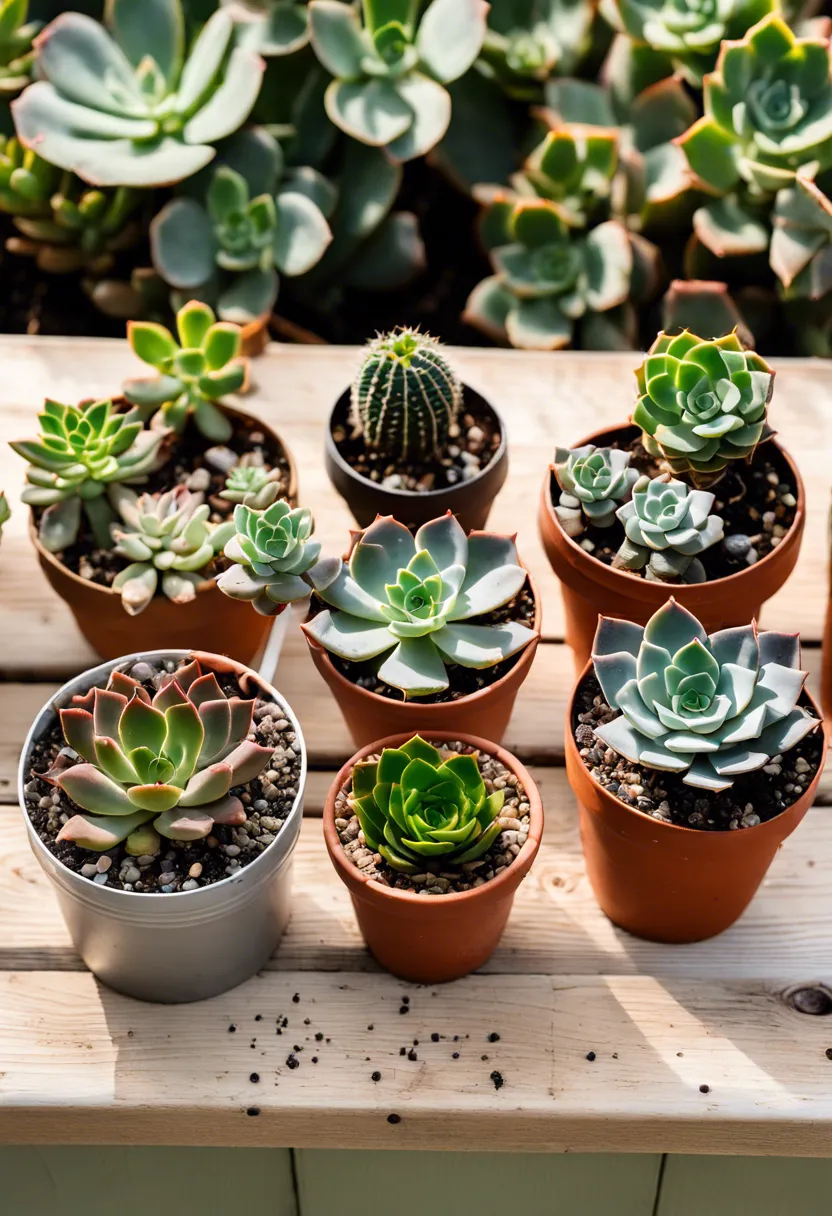 Succulents with signs of distress on a wooden table, each paired with a care tool like a water dropper or shade cloth.